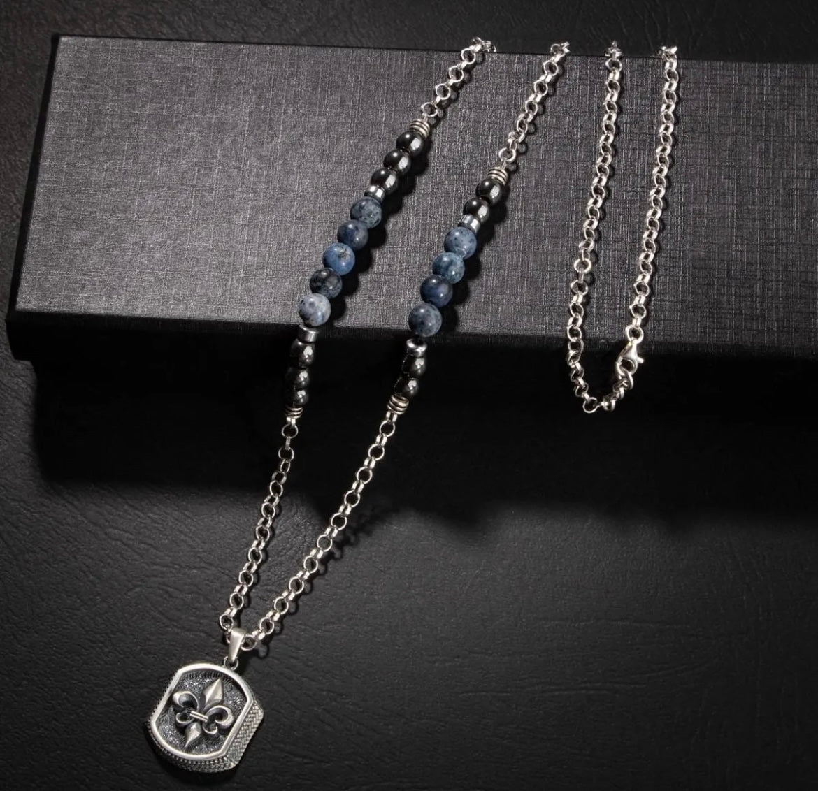 Erkek Kolyesi Dumortierit-hematit Doğal Taş Gümüş Tasarım Kolye