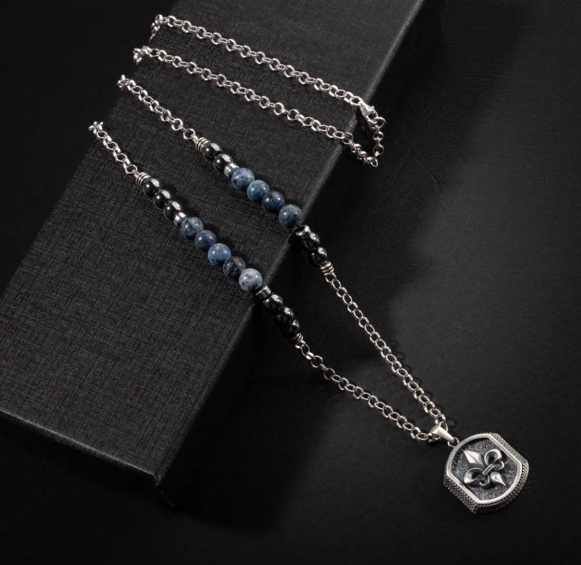 Erkek Kolyesi Dumortierit-hematit Doğal Taş Gümüş Tasarım Kolye
