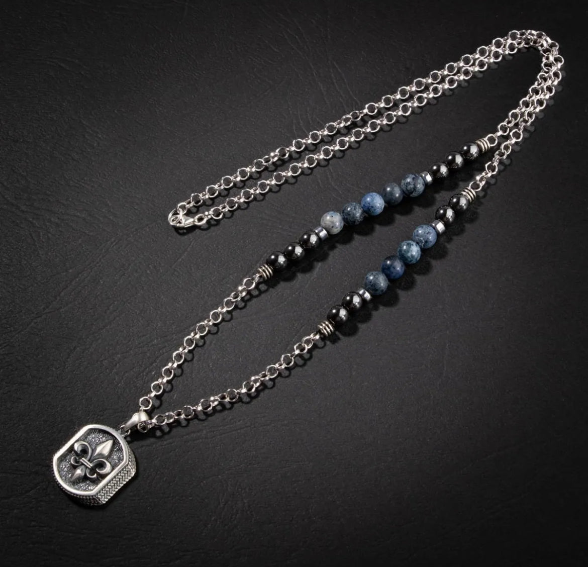 Erkek Kolyesi Dumortierit-hematit Doğal Taş Gümüş Tasarım Kolye