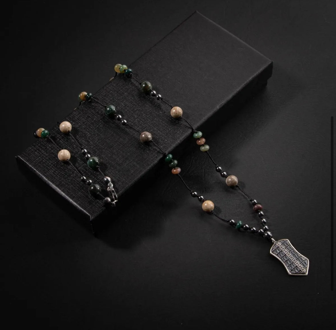 Erkek Kolyesi Fosil Mercan-Hint Akik-hematit Doğal Taş Gümüş Tasarım Kolye