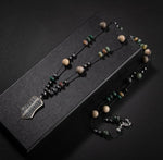 Erkek Kolyesi Fosil Mercan-Hint Akik-hematit Doğal Taş Gümüş Tasarım Kolye