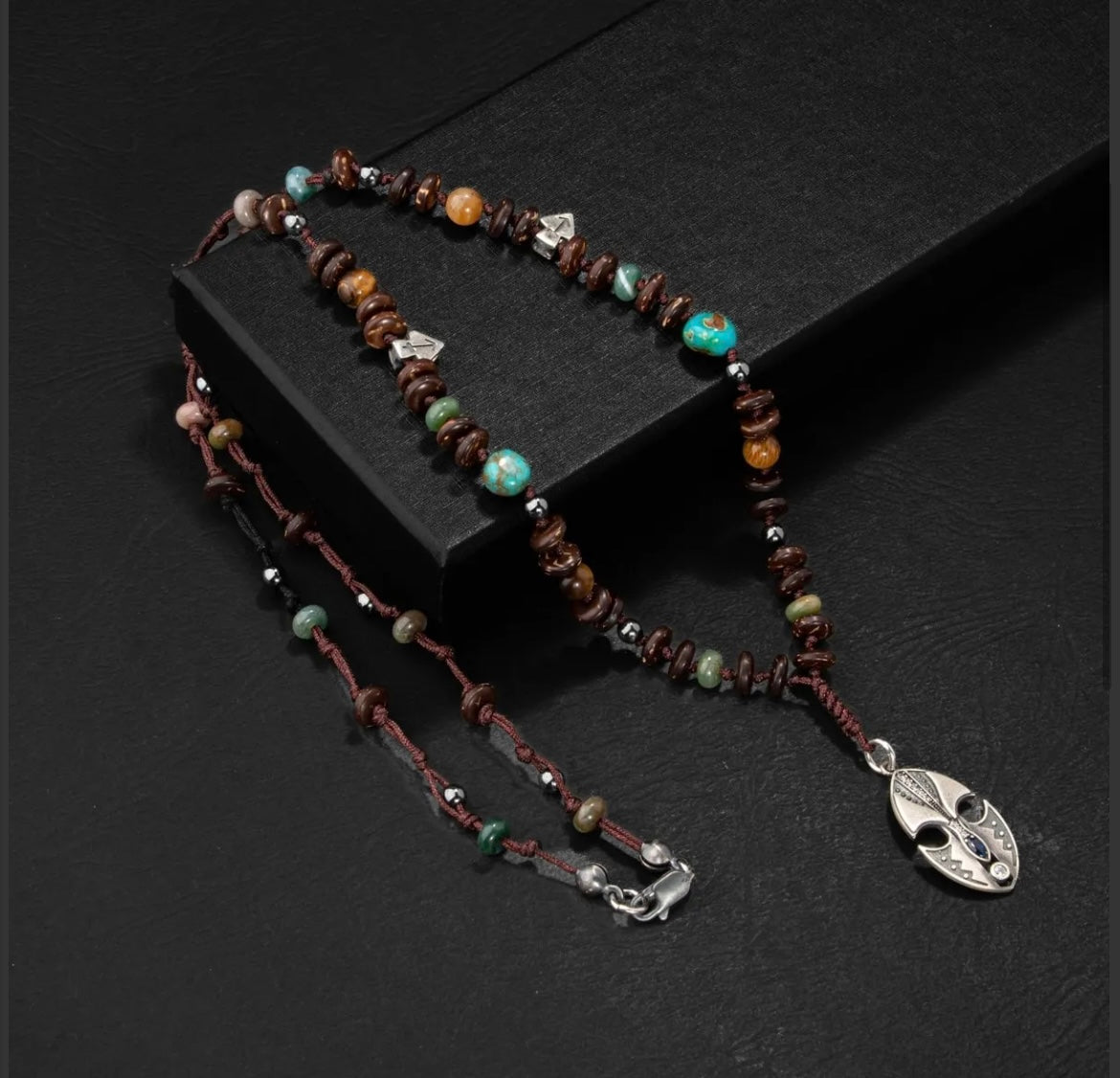 Erkek Kolyesi Hindistan Cevizi Kabuğu-turkuaz-kaplan Gözü-hint Akik-hematit Doğal Taş Gümüş Tasarım Kolye