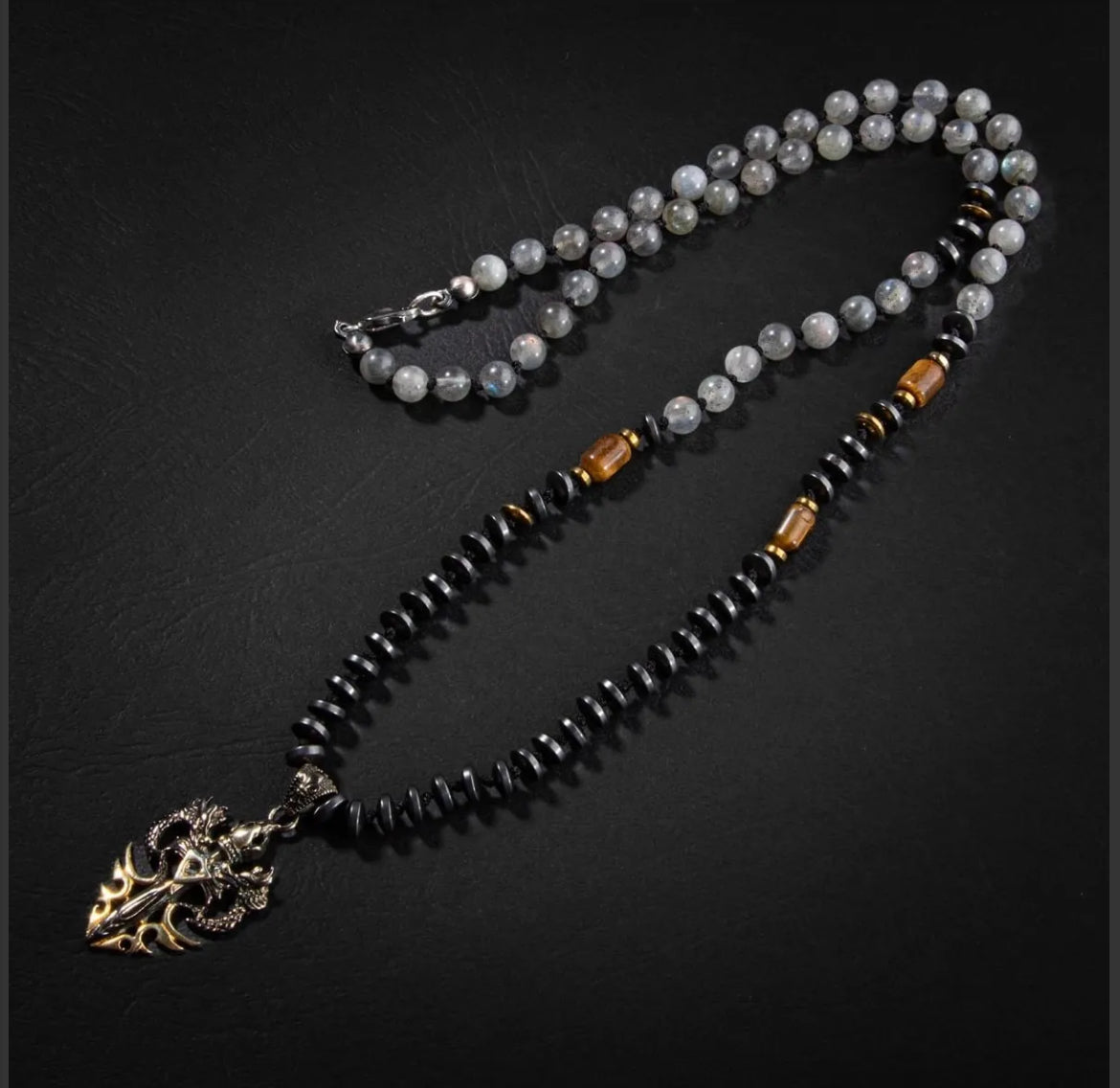 Erkek Kolyesi Labradorit-kaplan Gözü-hematit Doğal Taş Gümüş Tasarım Kolye