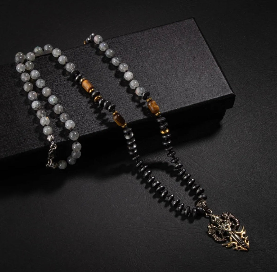 Erkek Kolyesi Labradorit-kaplan Gözü-hematit Doğal Taş Gümüş Tasarım Kolye