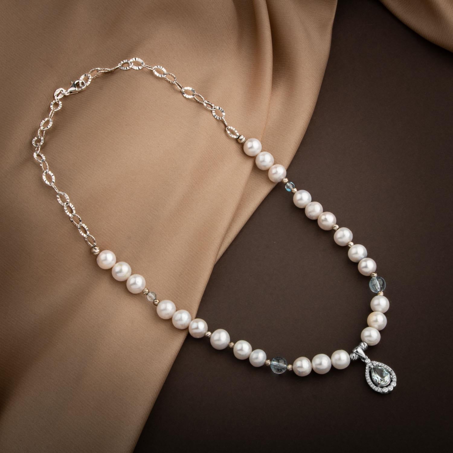 Topaz Gümüş Uç-Topaz-İnci Doğal Taş Gümüş Kolye - 54cm