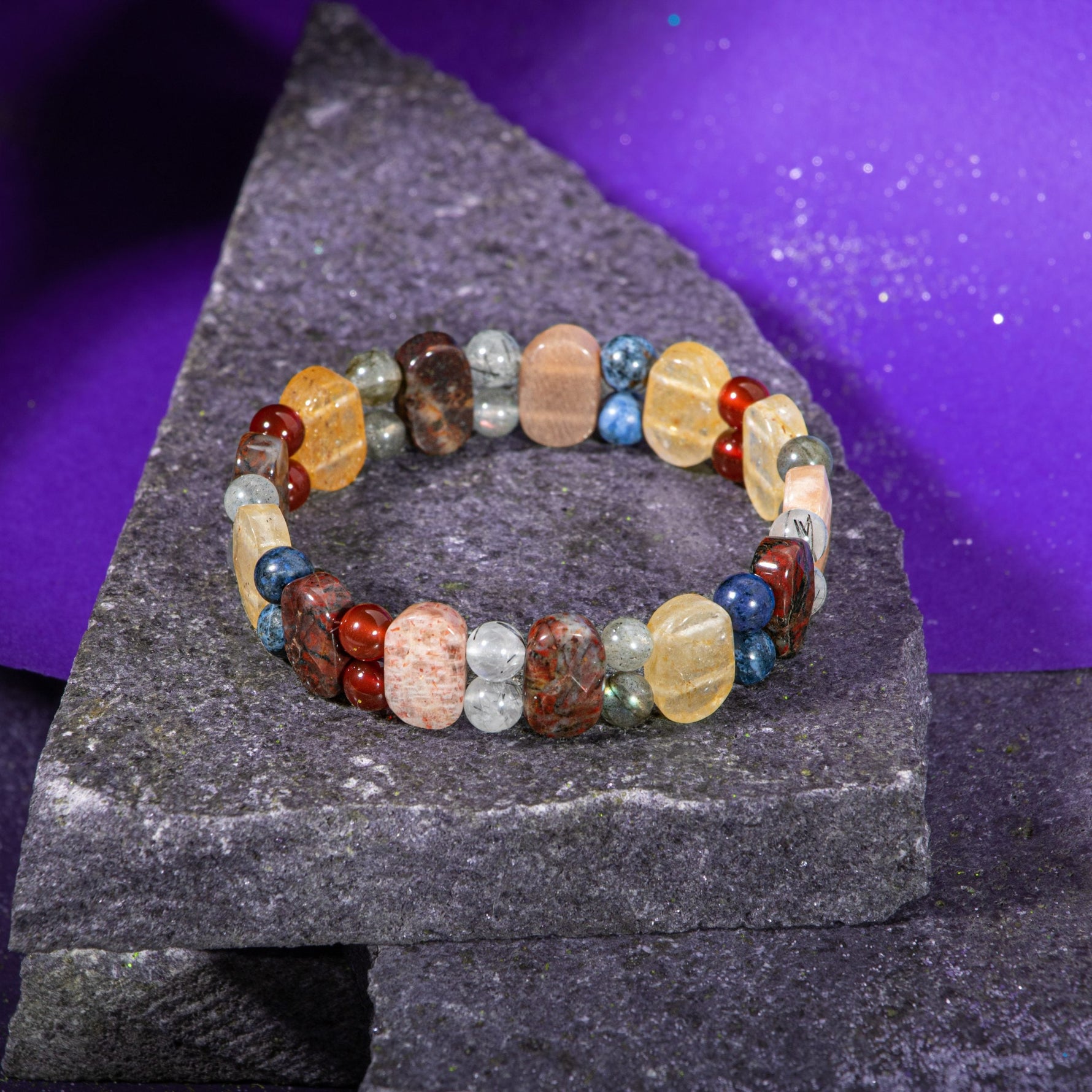 Aslan Burcu Bileklik Bronzit, Dumortierit, Güneş Taşı, Jasper, Kırmızı Akik, Labradorit, Rutilli Kuvars, Sitrin