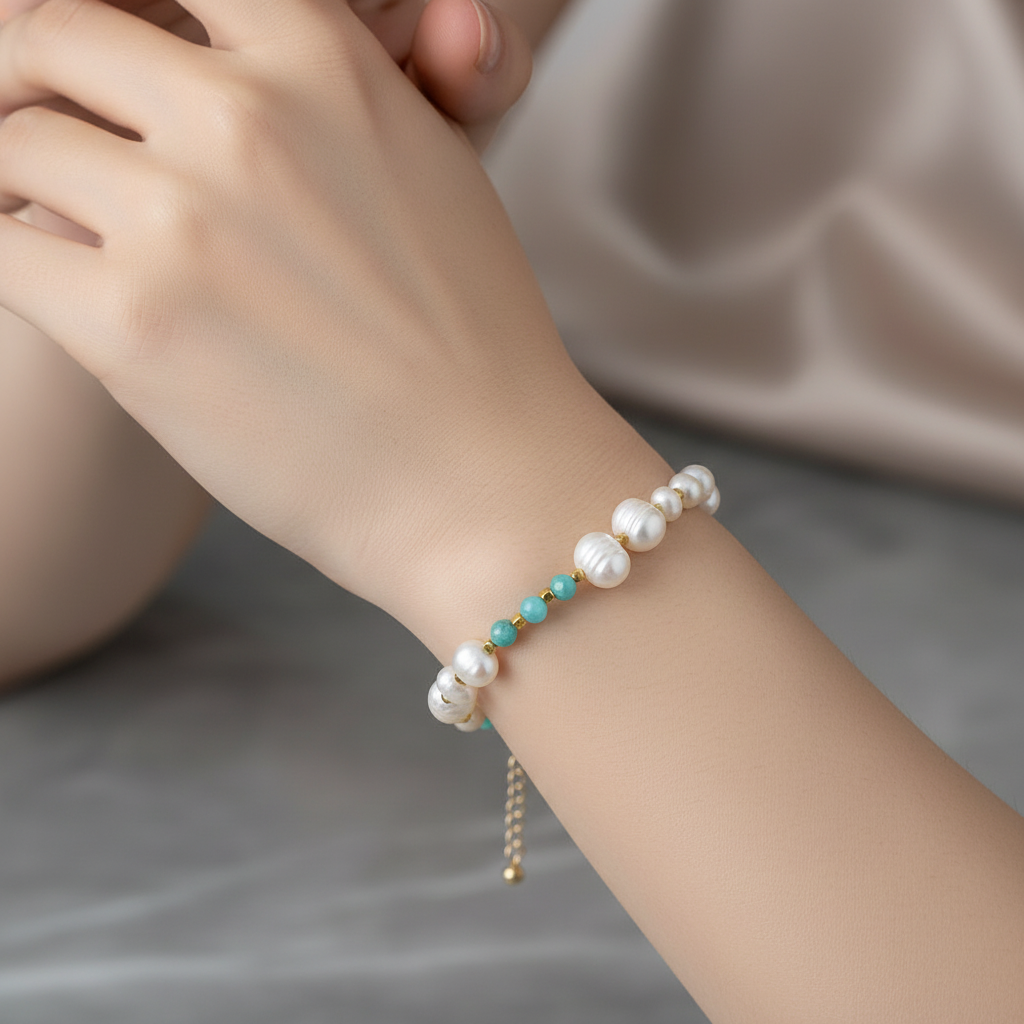 İnci & Amazonit Doğal Taş Altın Kaplama Kapama Bileklik – El İşçiliği