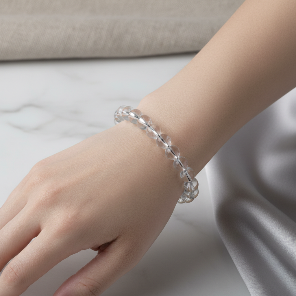 Kristal Kuvars 8 mm Merdiven Kapama Doğal Taş Bileklik – El İşçiliği