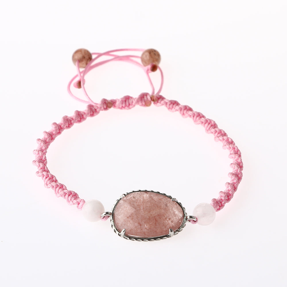 Çilek Kuvars-Pembe Kuvars Doğal Taş Makrome Örgü Bileklik