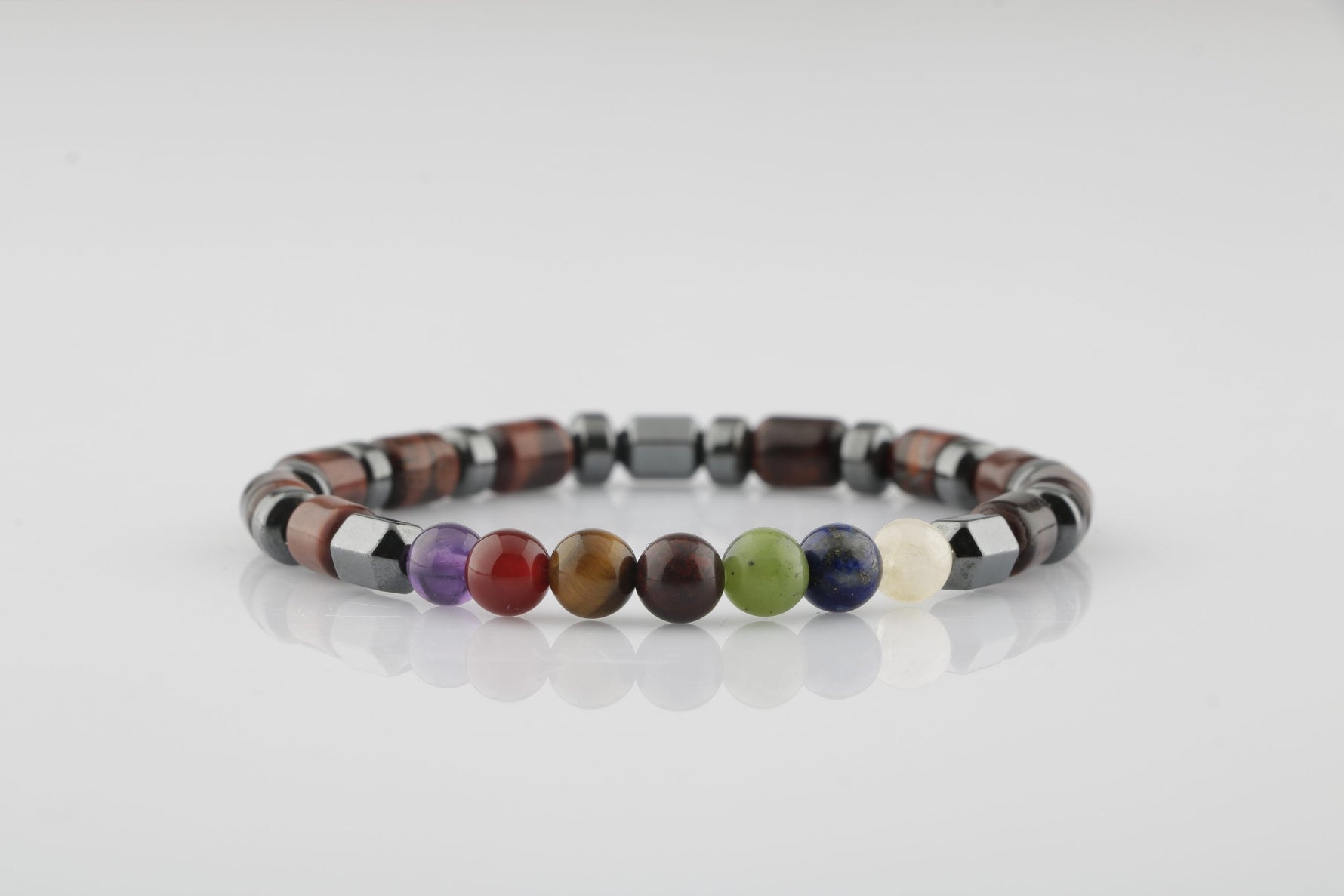 Kaplan Gözü-Çakra Bileklik Ametist, Lal, Kaplan Gözü, Akik, Lapis, Yeşim, Kalsit