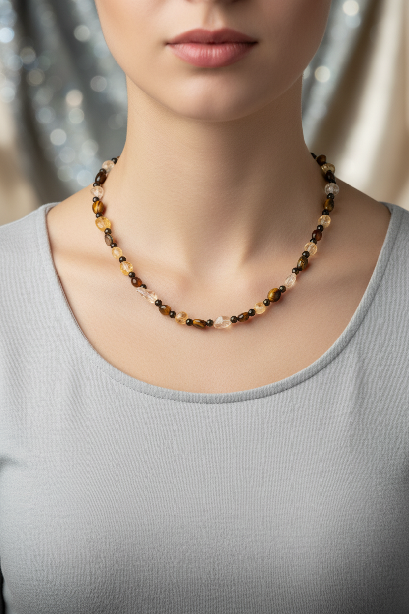 Kaplan Gözü, Sitrin & Obsidyen Doğal Taş Kolye – Özel Tasarım