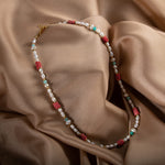 İnci-Fosil Mercan-Amazonit Doğal Taş Altın Kaplama Kapama Kolye