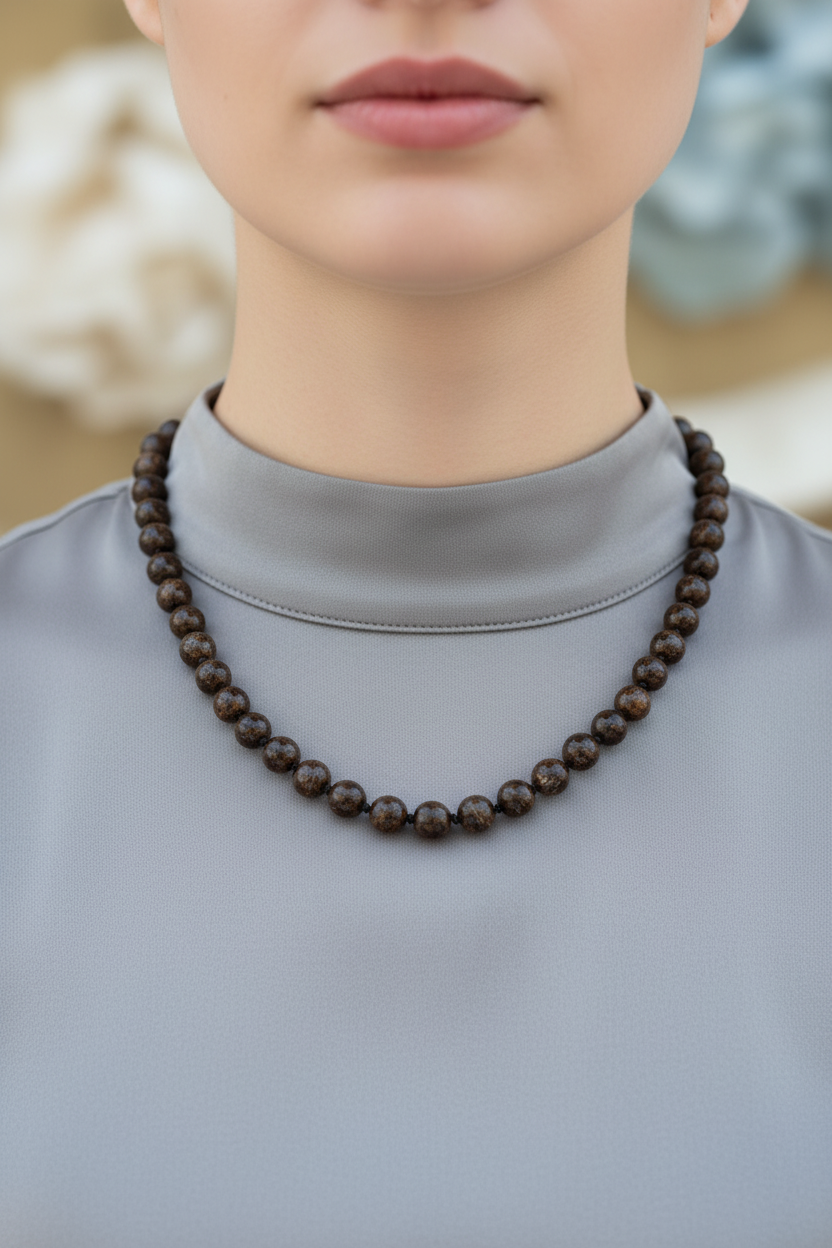 Bronzit Doğal Taş Kolye – 8 mm Düğümlü, Unisex Tasarım