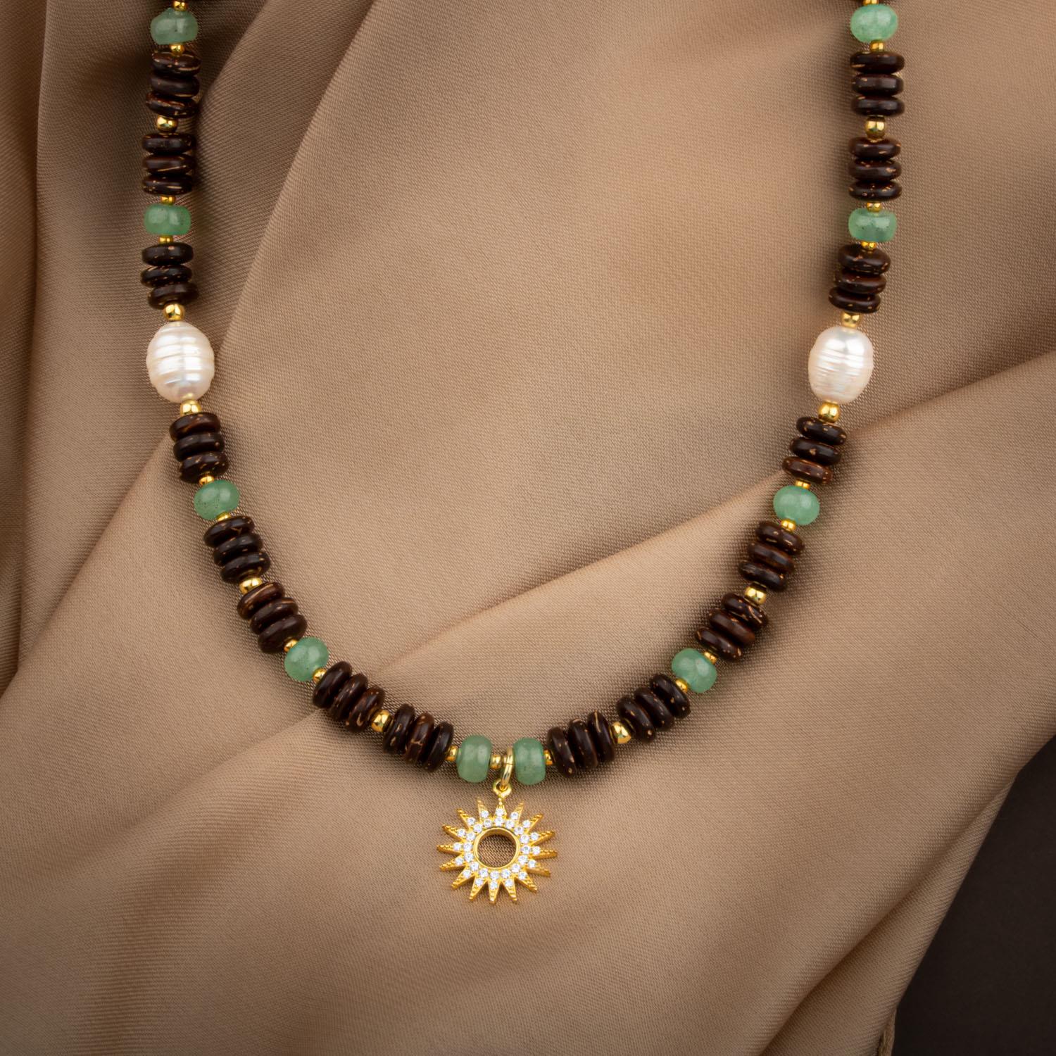 Hindistan Cevizi Kabuğu-Yeşil Aventurin-İnci Doğal Taş Gümüş Tasarım Kolye - 54cm