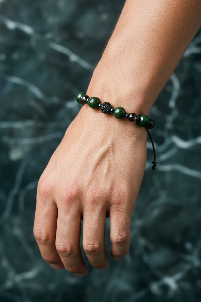 Yeşim ve Dumanlı Kuvars Doğal Taş Bileklik – Unisex Şık Tasarım