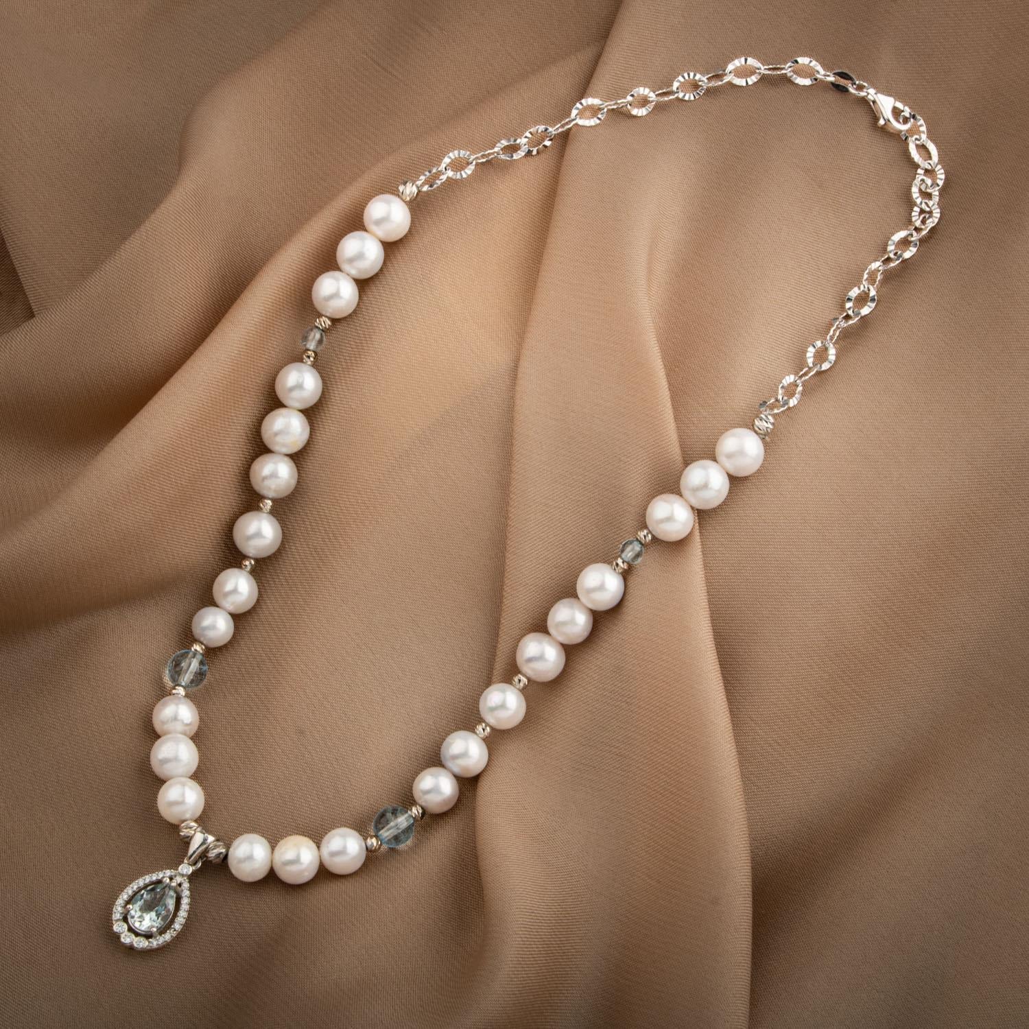 Topaz Gümüş Uç-Topaz-İnci Doğal Taş Gümüş Kolye - 54cm