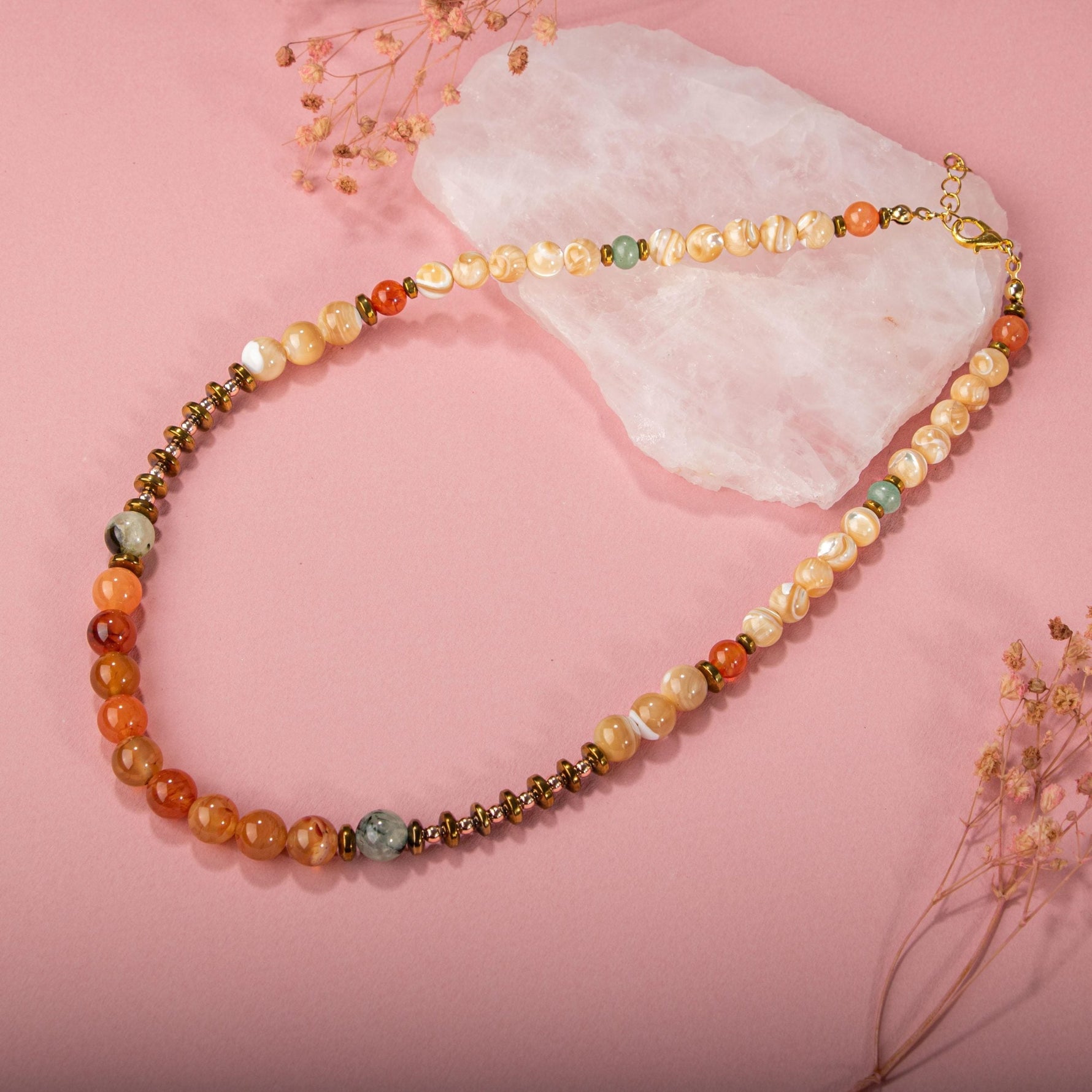 Karnelyan Akik-Turuncu Aventurin-Pehnit-Sedef-Hematit Doğal Taş Kolye