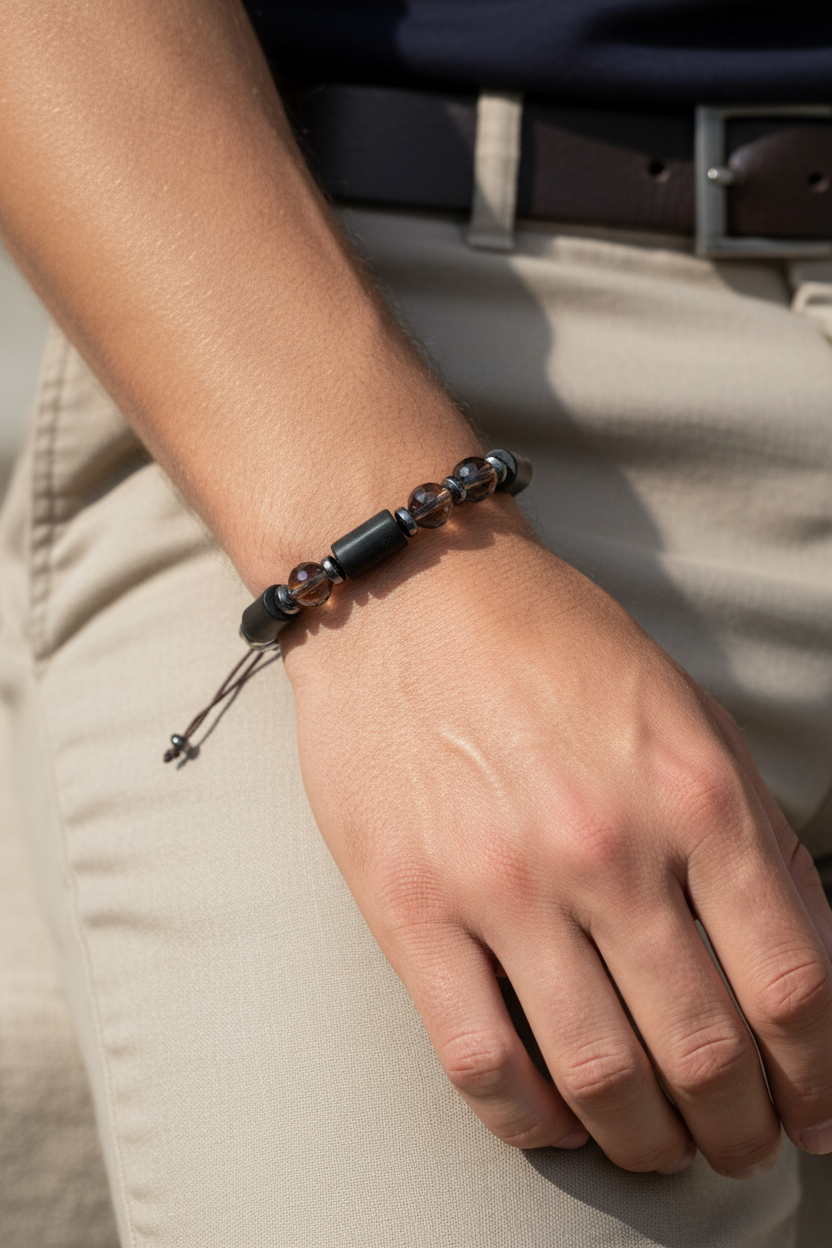 Şungit ve Dumanlı Kuvars Fasetli Doğal Taş Bileklik – Unisex Şık Tasarım