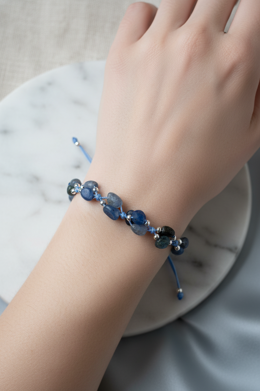 Mavi Kiyanit ve Hematit Doğal Taş Bileklik – İpli Merdiven Kapama, Unisex Tasarım