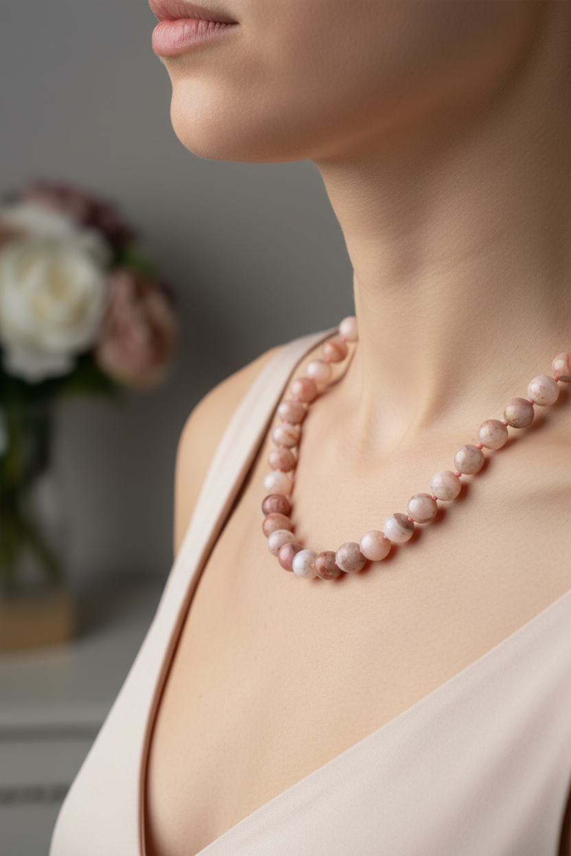 Pembe Opal Doğal Taş Kolye – 8 mm Düğümlü, Unisex Tasarım