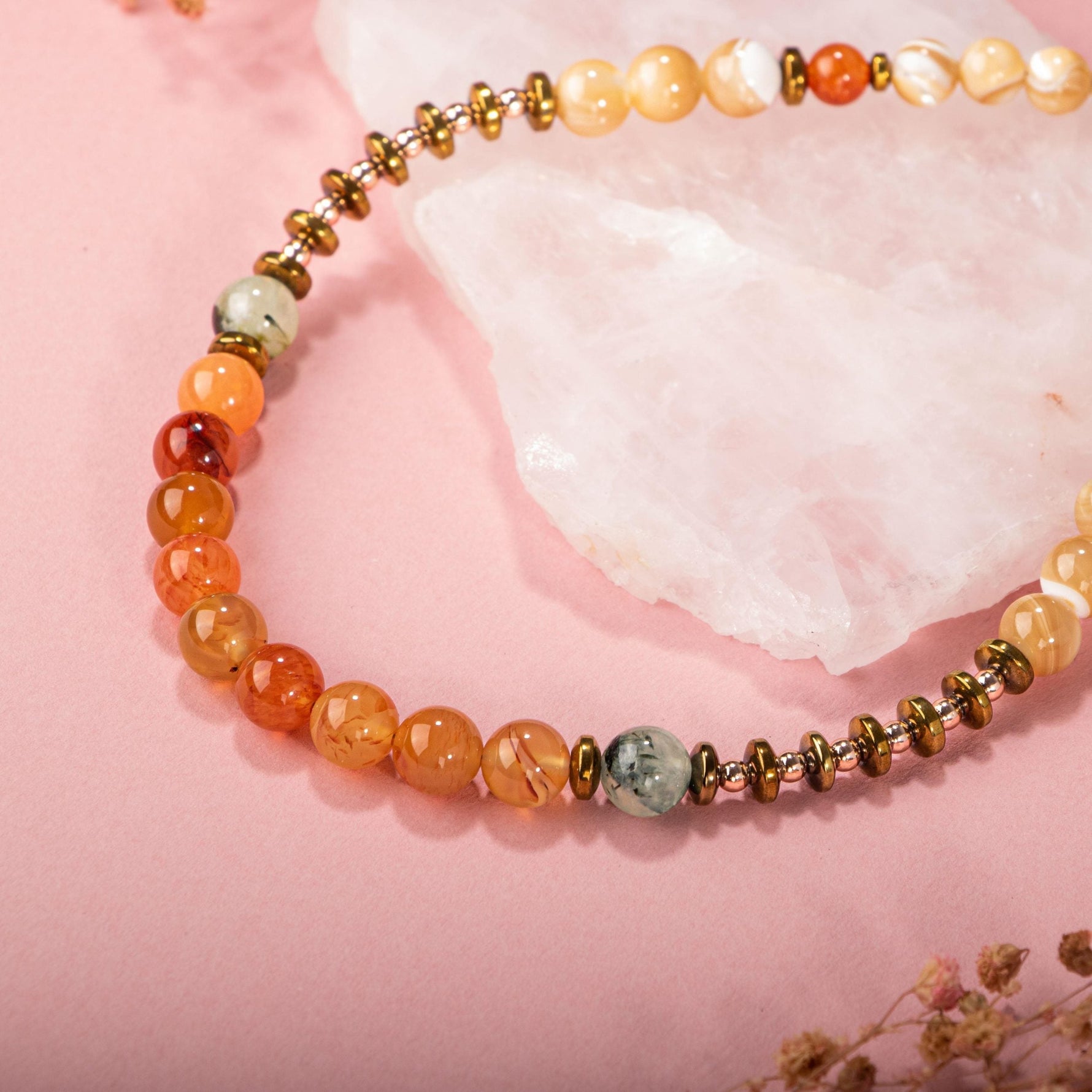 Karnelyan Akik-Turuncu Aventurin-Pehnit-Sedef-Hematit Doğal Taş Kolye