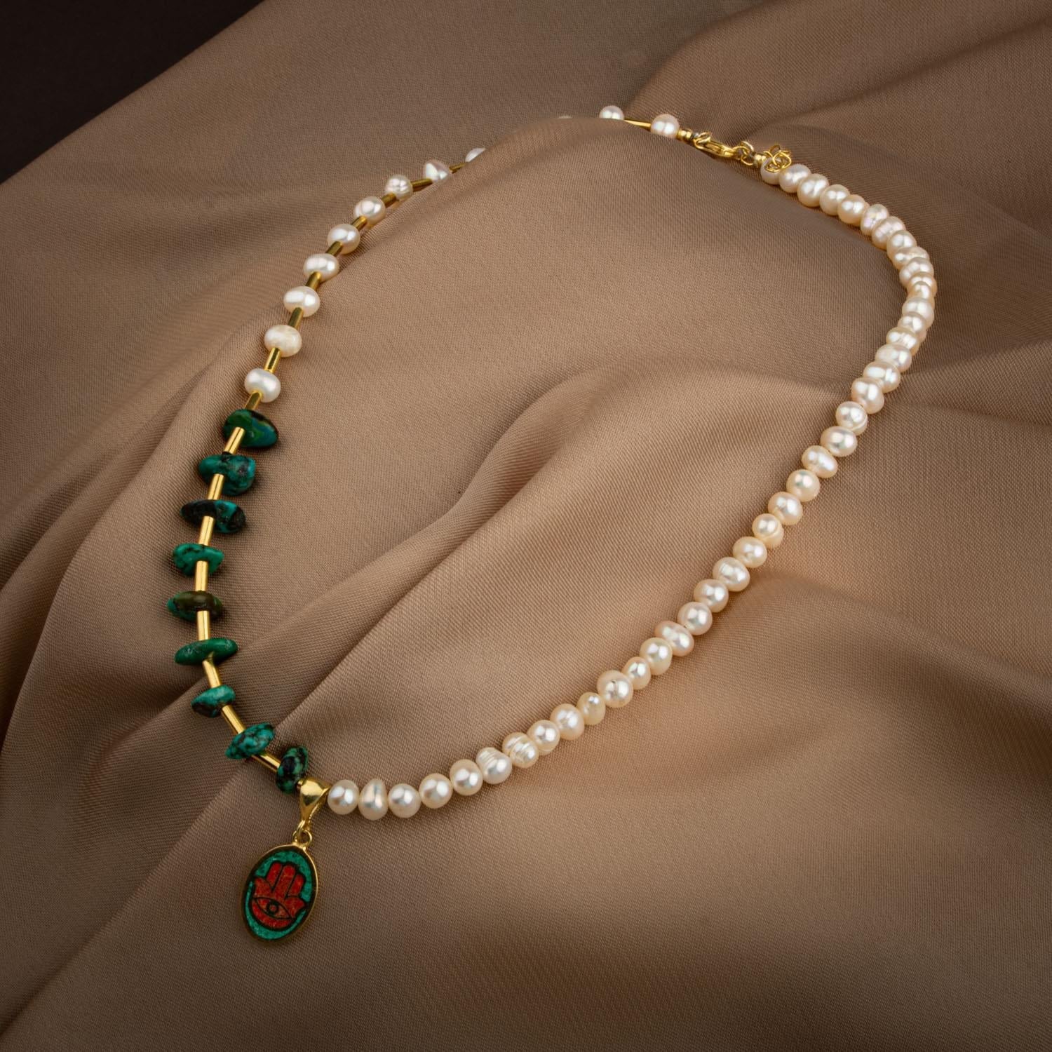 Mozaik Turkuaz Firuza Taşlı-İnci Doğal Taş Gümüş Tasarım Kolye