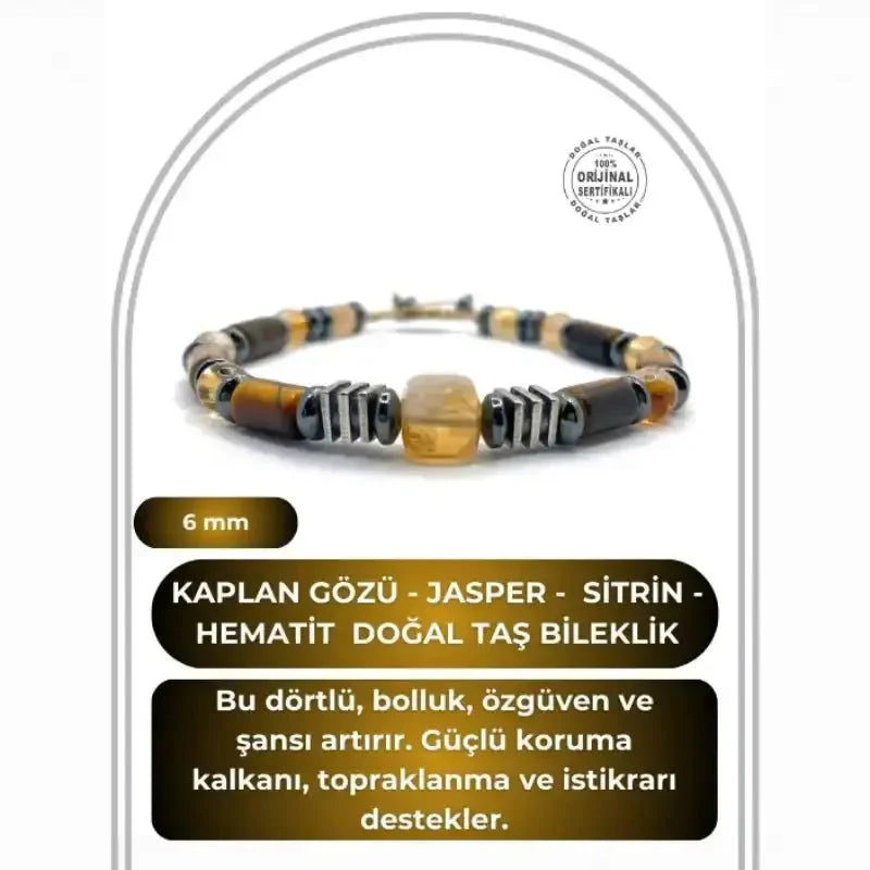 Hakiki Orijinal Sertifikalı Kaplan Gözü - Jasper - 6mm Sitrin - Hematit İpli Ayarlanabilir Doğal Taş Bileklik