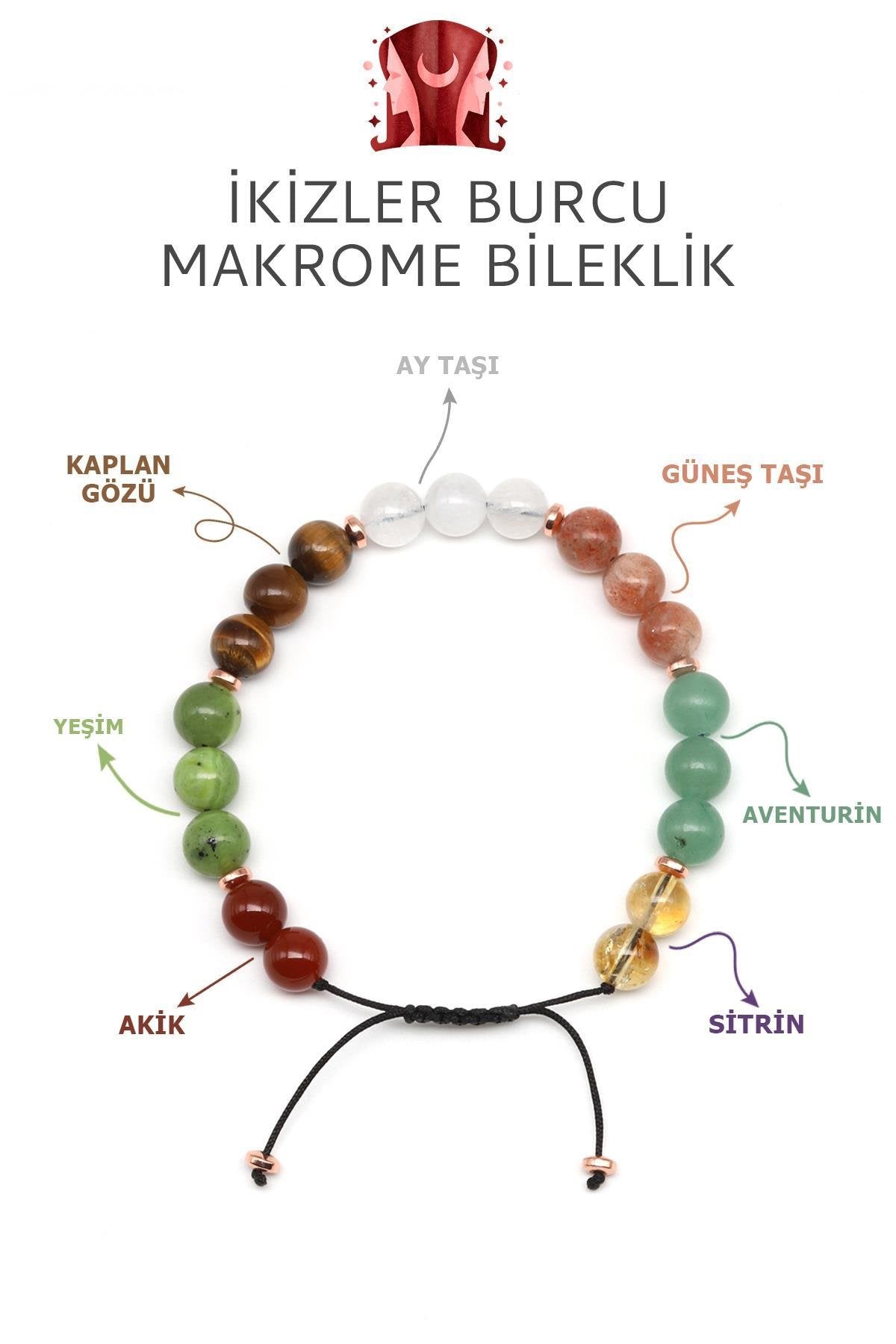 Sertifikalı İkizler Burcu Doğal Taş Makrome Bileklik