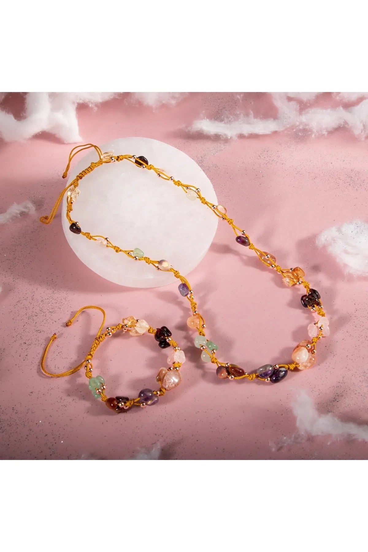 Koç Burcu Kolye Bileklik Seti Ametist, Bordo Granat Lal, Güneş Taşı, Jasper, Pembe Kuvars, Sitrin, Yeşil Aventurin