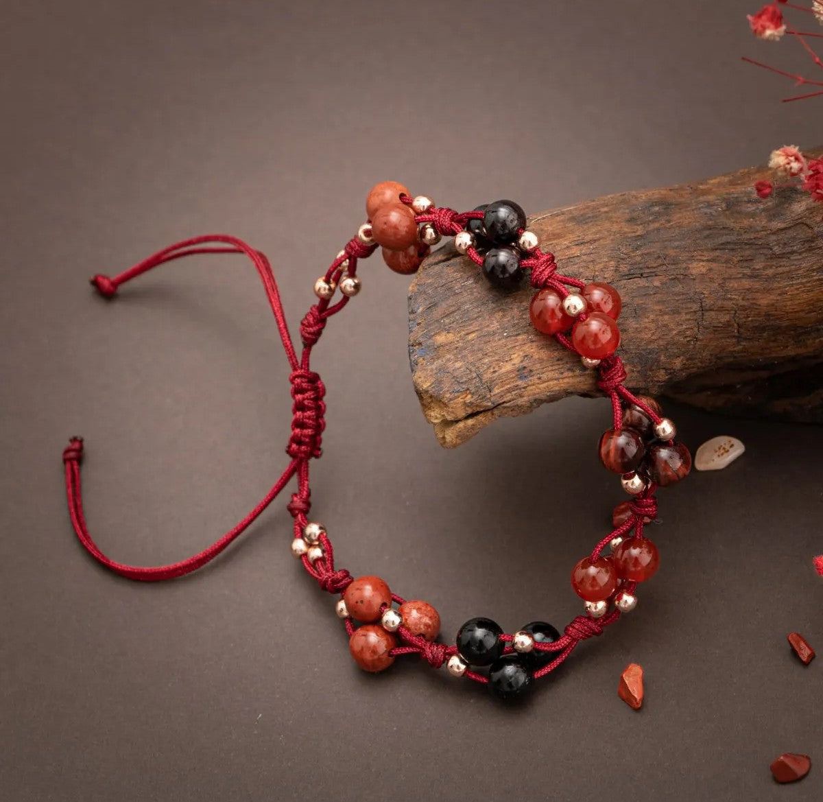 Kök Çakra Doğal Taş Bileklik - Kırmızı Jasper - Lal - Kırmızı Kaplan Gözü - Kırmızı Akik - Siyah Turmalin - Hematit