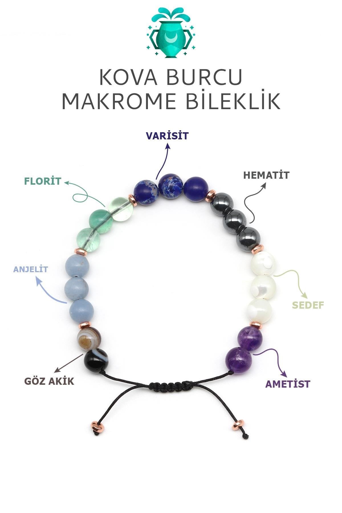 Sertifikalı Kova Burcu Doğal Taş Makrome Bileklik