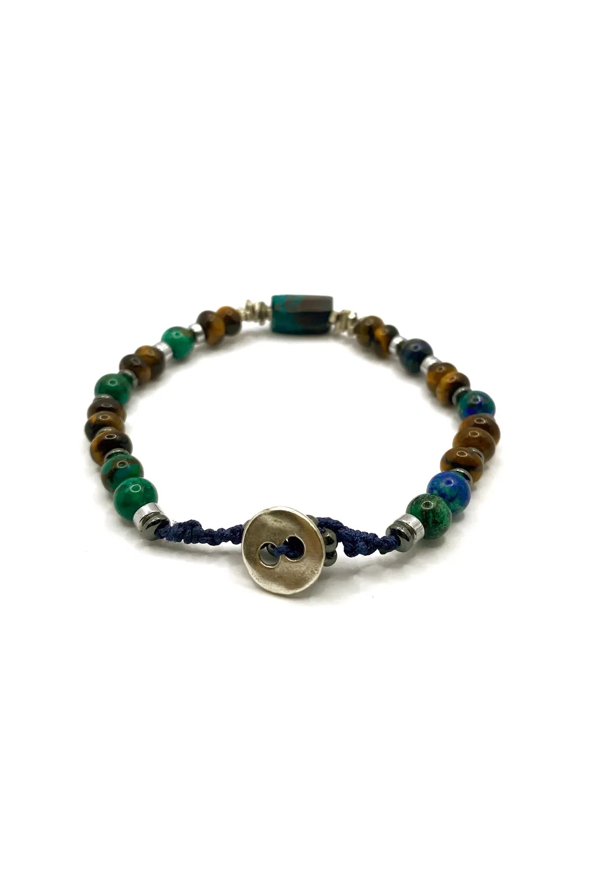 Krizokol-Kaplan Gözü-Azurit Malakit-Hematit Doğal Taş Gümüş Erkek Bileklik