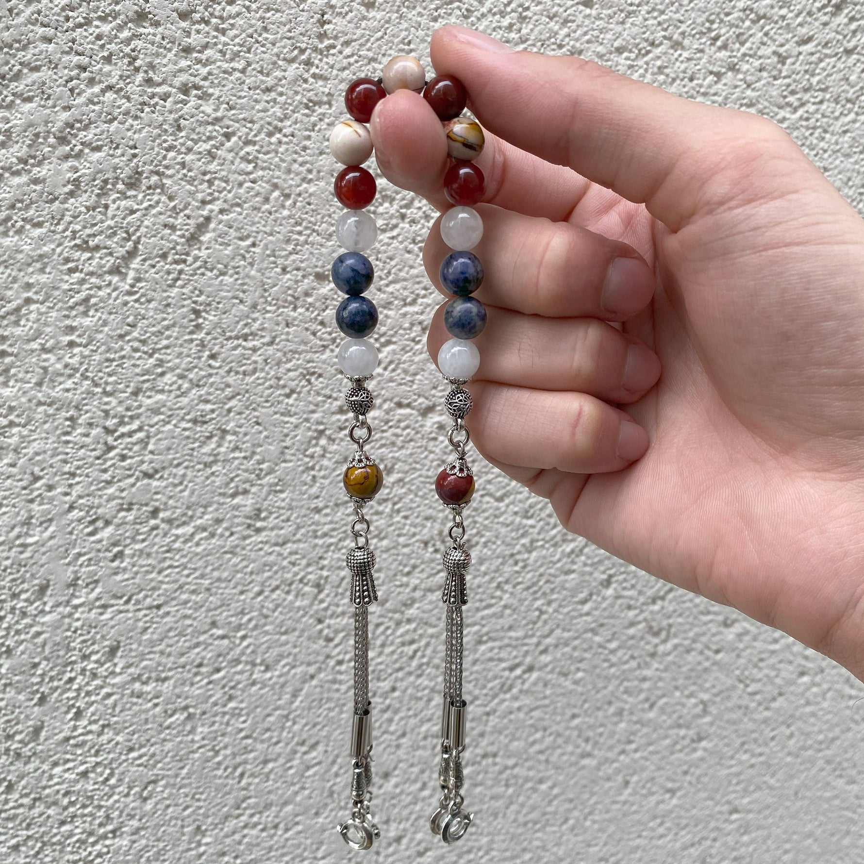 Oğlak Burcu Zaza Tesbih Doğal Taş Dumortierit, Jasper, Kırmızı Akik, Kristal Kuvars