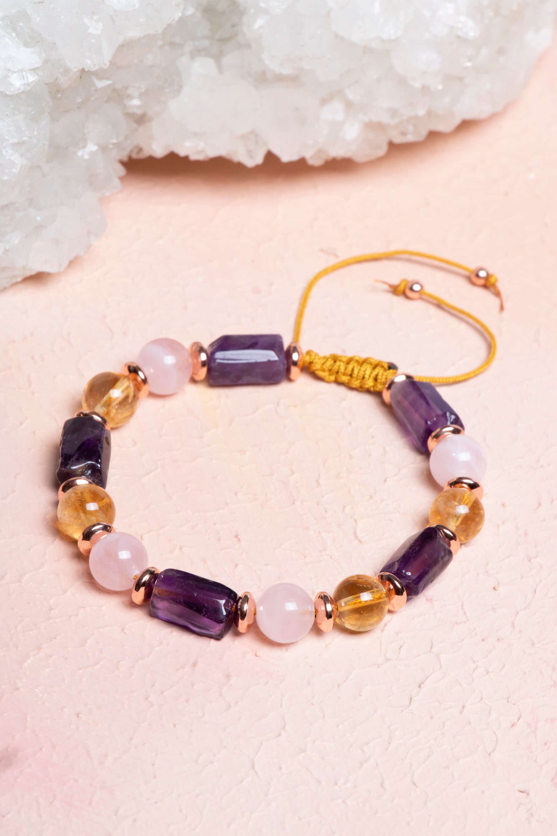 Sertfikalı Ametist,  Sitrin, Pembe Kuvars, Hematit Doğal Taş Bileklik
