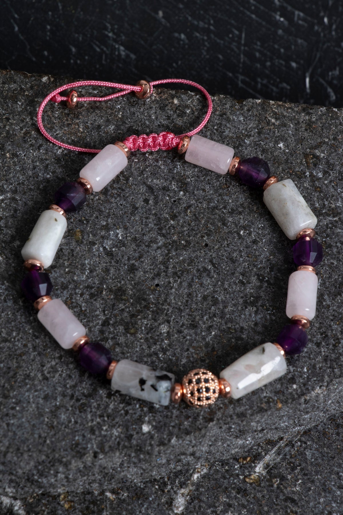 Sertifikalı Ametist, Ay Taşı ve Pembe Kuvars Doğal Taş Bileklik