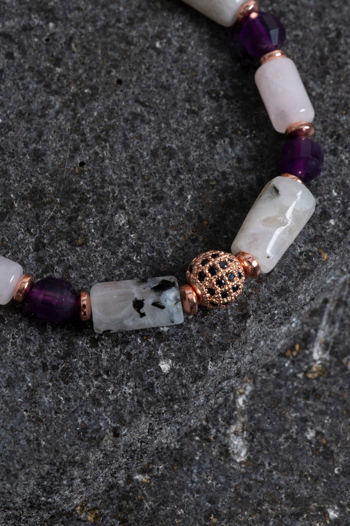 Sertifikalı Ametist, Ay Taşı ve Pembe Kuvars Doğal Taş Bileklik