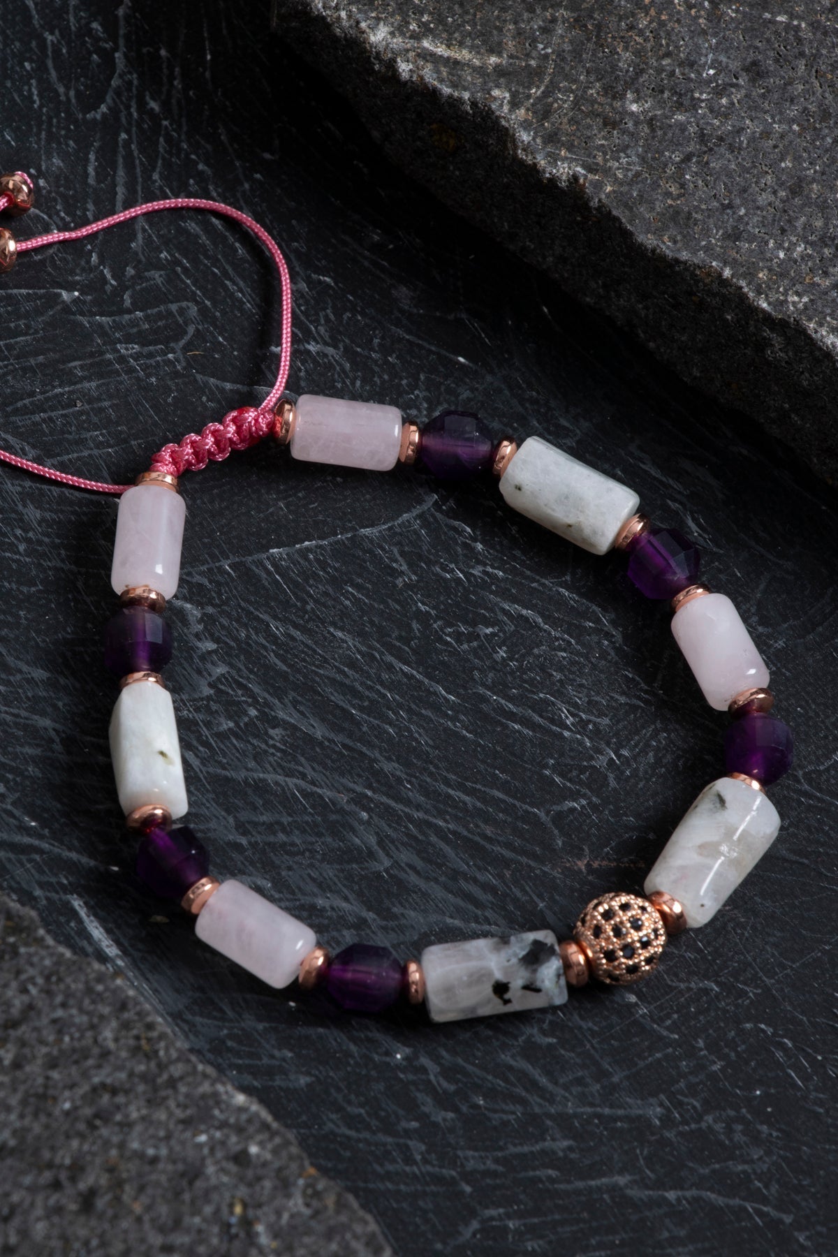 Sertifikalı Ametist, Ay Taşı ve Pembe Kuvars Doğal Taş Bileklik