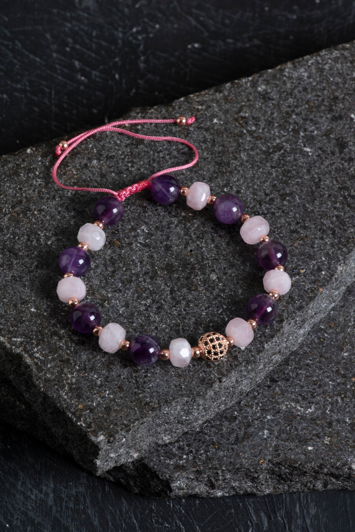 Sertifikalı Ametist ve Pembe Kuvars Doğaltaş Bileklik