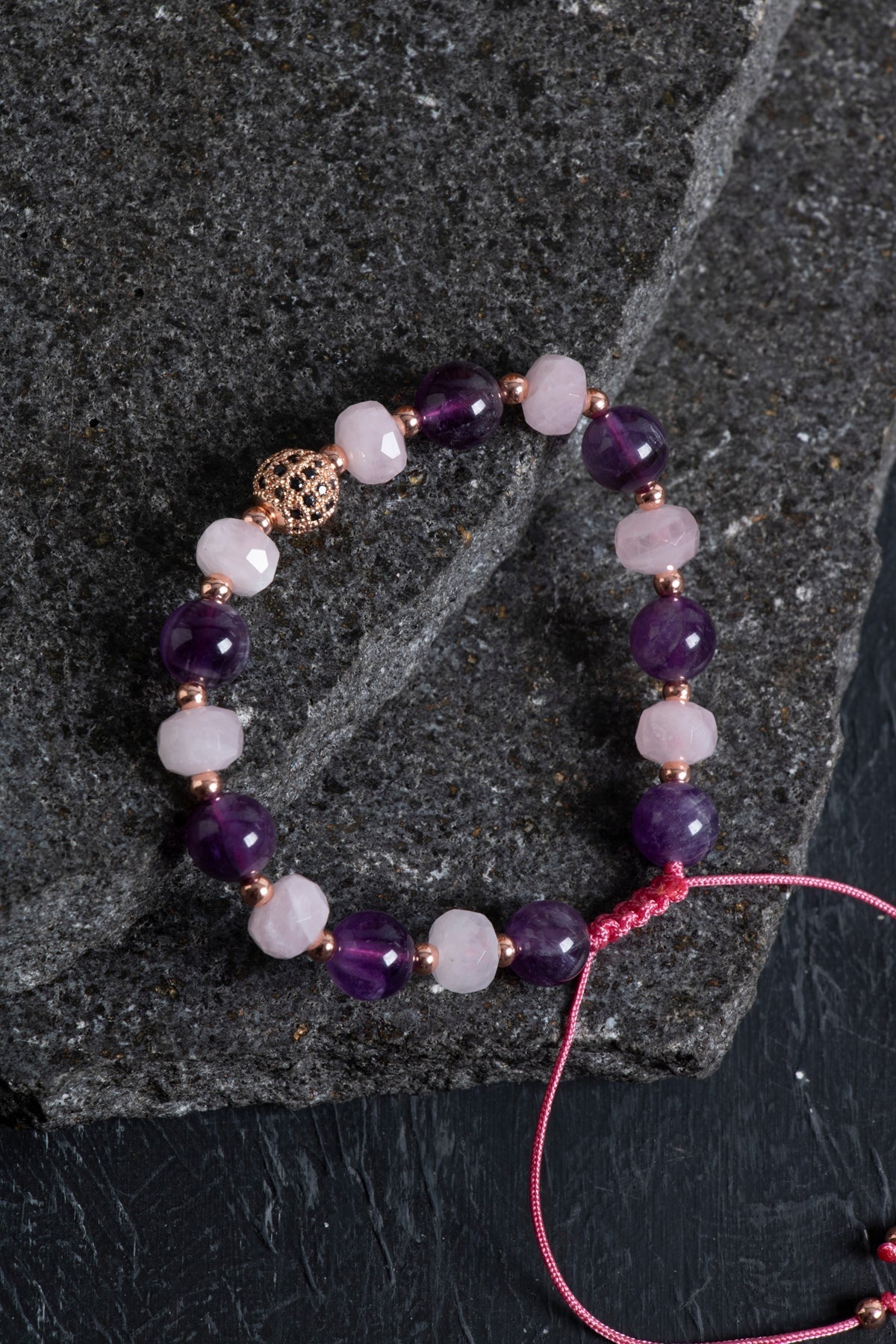 Sertifikalı Ametist ve Pembe Kuvars Doğaltaş Bileklik