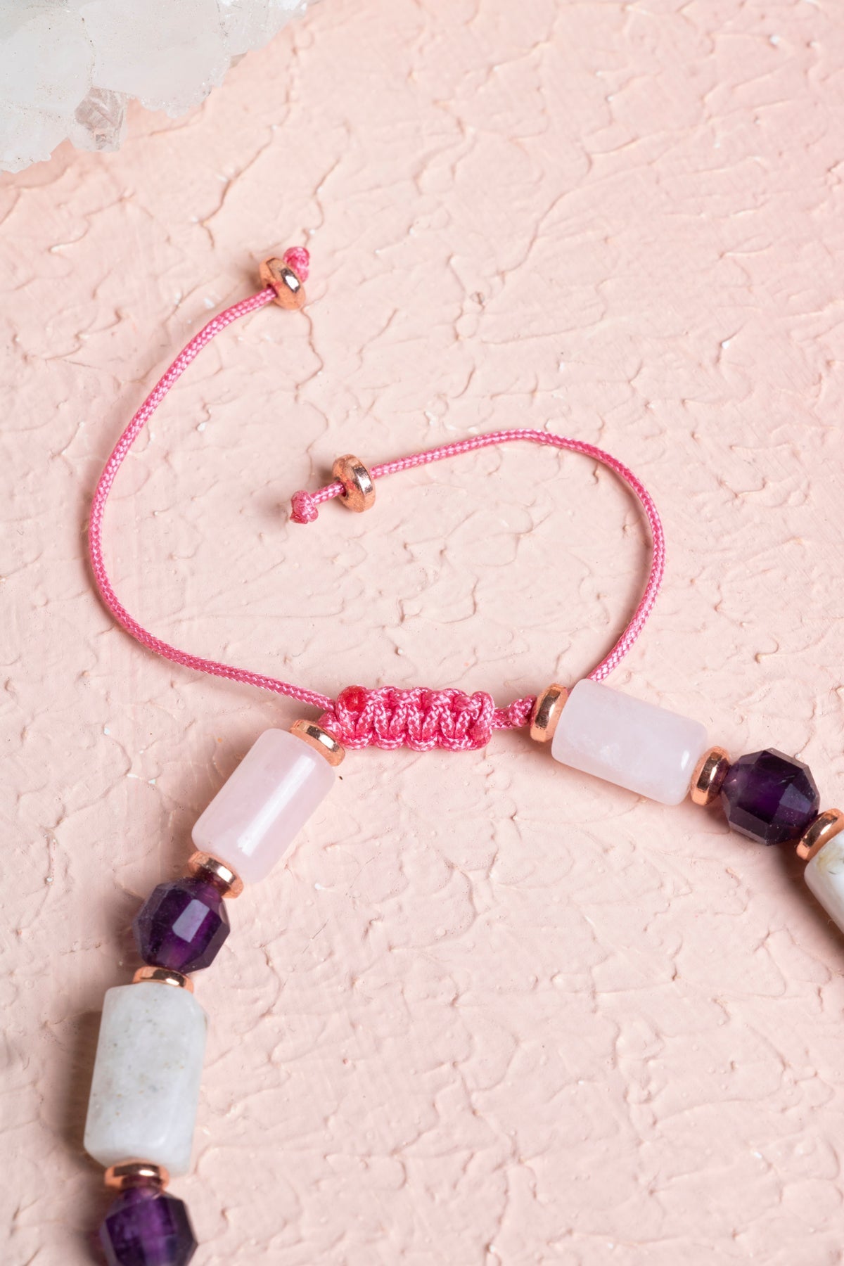 Sertifikalı Ay Taşı, Pembe Kuvars, Ametist Doğal Taş Makrome Bileklik