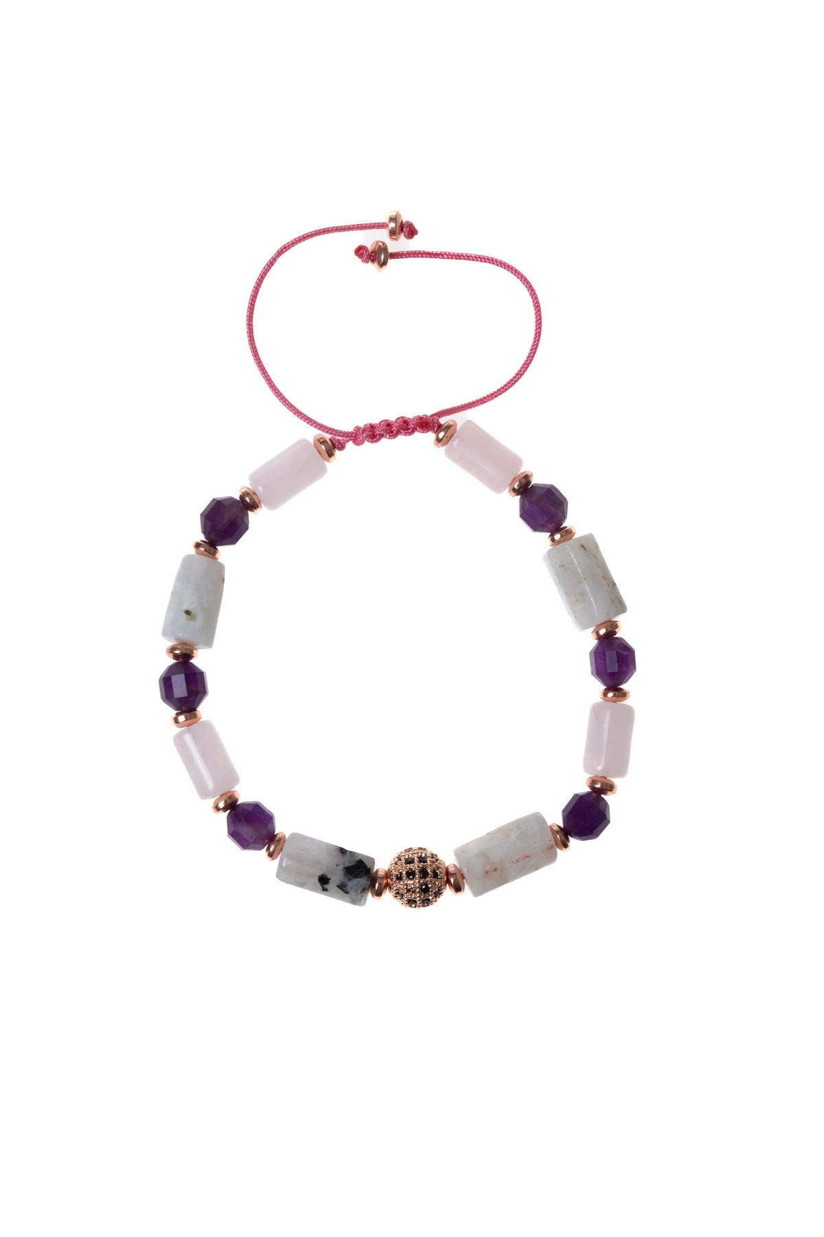 Sertifikalı Ay Taşı, Pembe Kuvars, Ametist Doğal Taş Makrome Bileklik