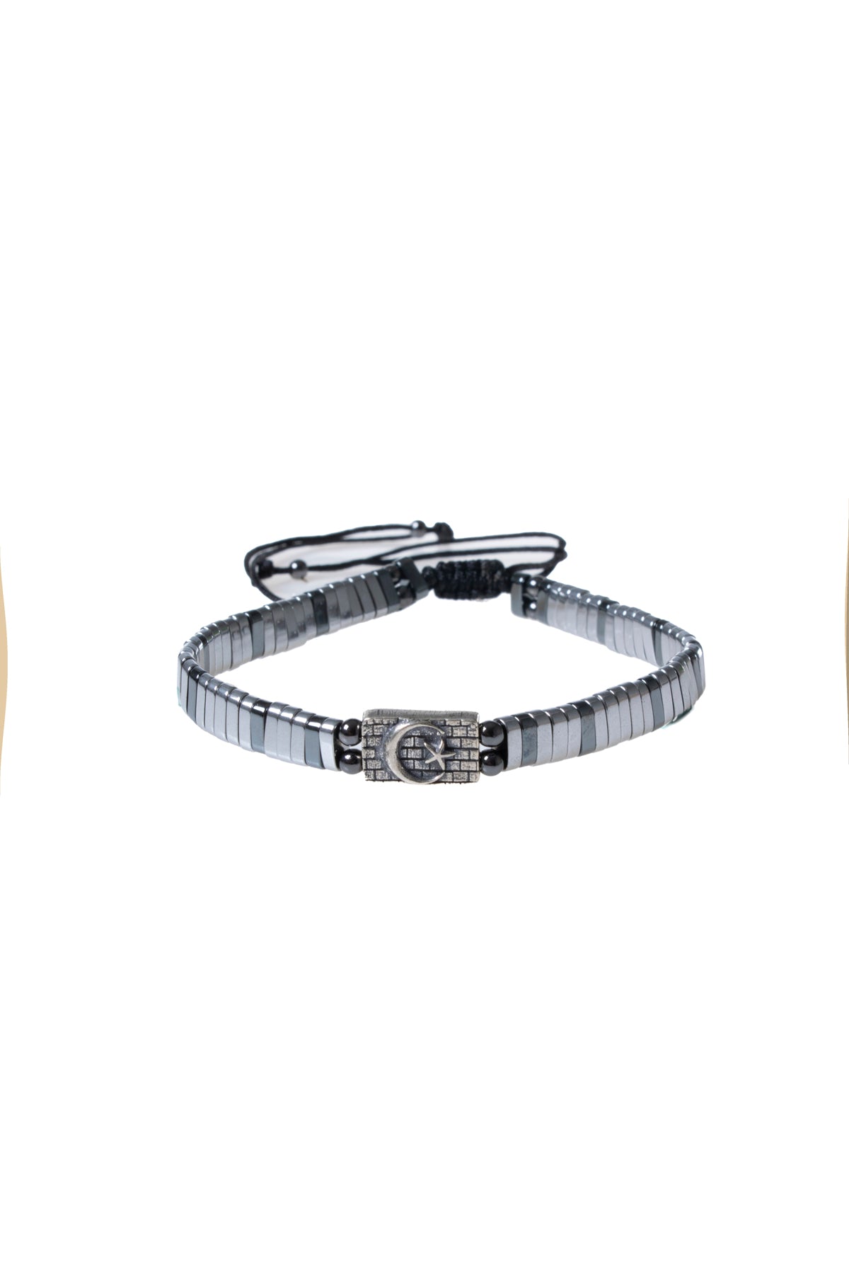 Sertifikalı Ay Yıldız Gümüş Aparatlı Hematit Doğal Taş Makrome Bileklik