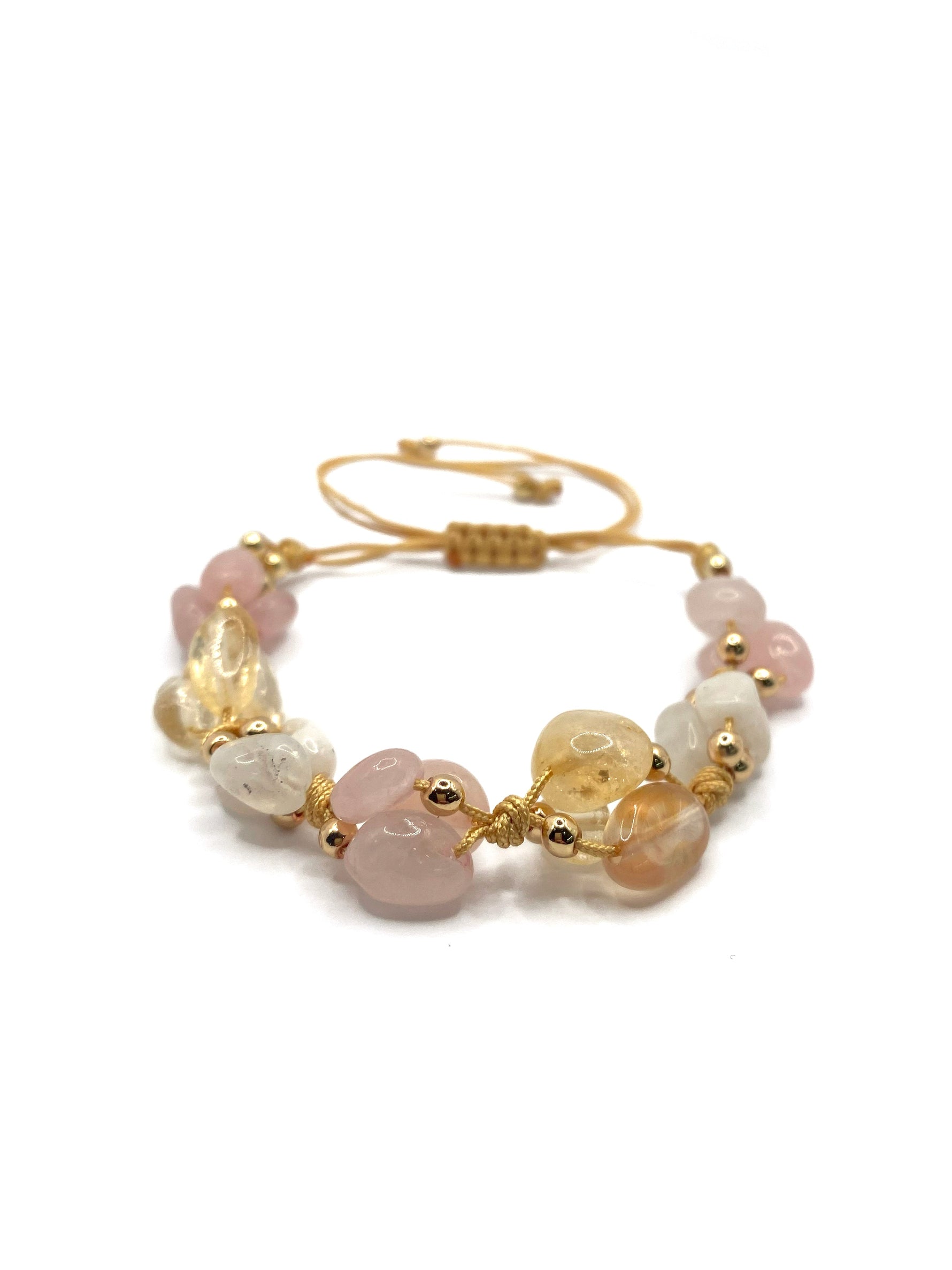 Sertifikalı Hakiki Orijinal Sitrin - Pembe Kuvars - Ay Taşı - Hematit Doğal Taş İpli Merdiven Kapama Bileklik