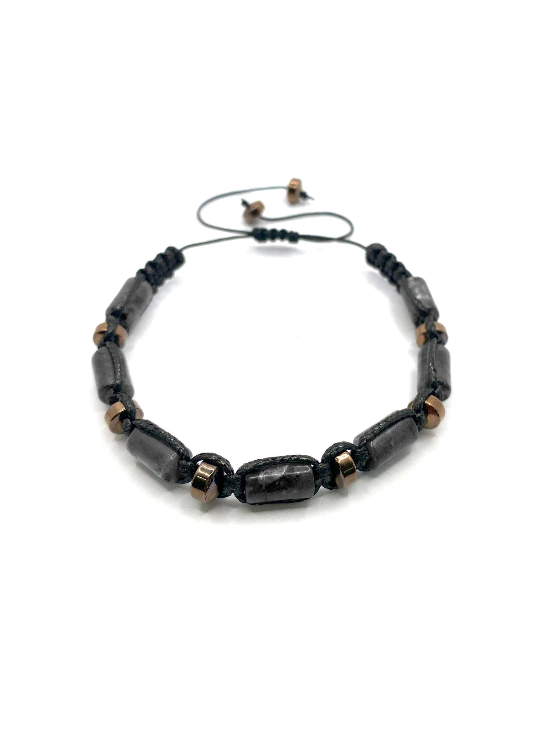 Sertifikalı Hakiki Orijinal Spektrolit - Hematit  Doğal Taş İpli Bileklik (Köşeli Makrome Model)