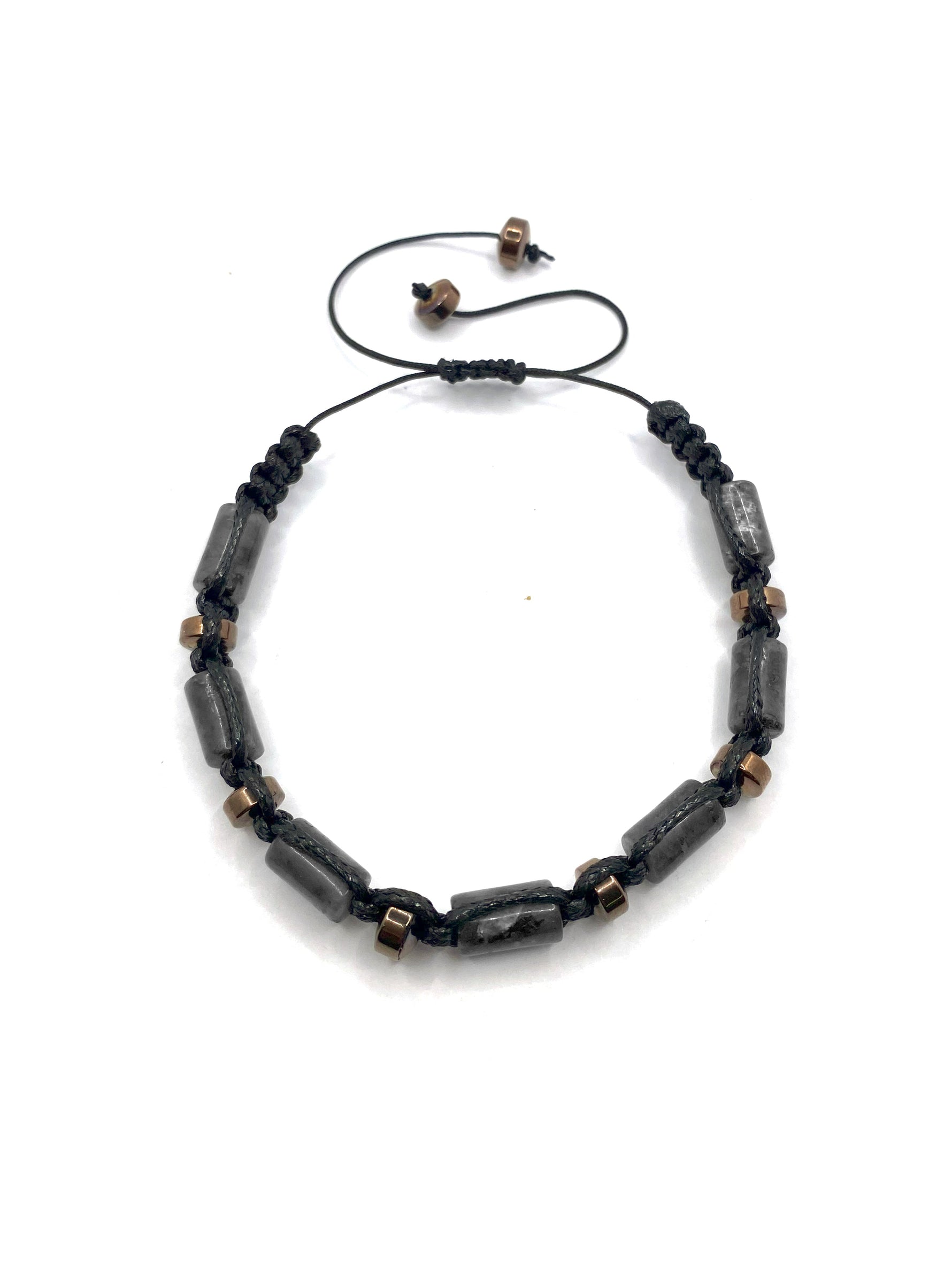 Sertifikalı Hakiki Orijinal Spektrolit - Hematit  Doğal Taş İpli Bileklik (Köşeli Makrome Model)