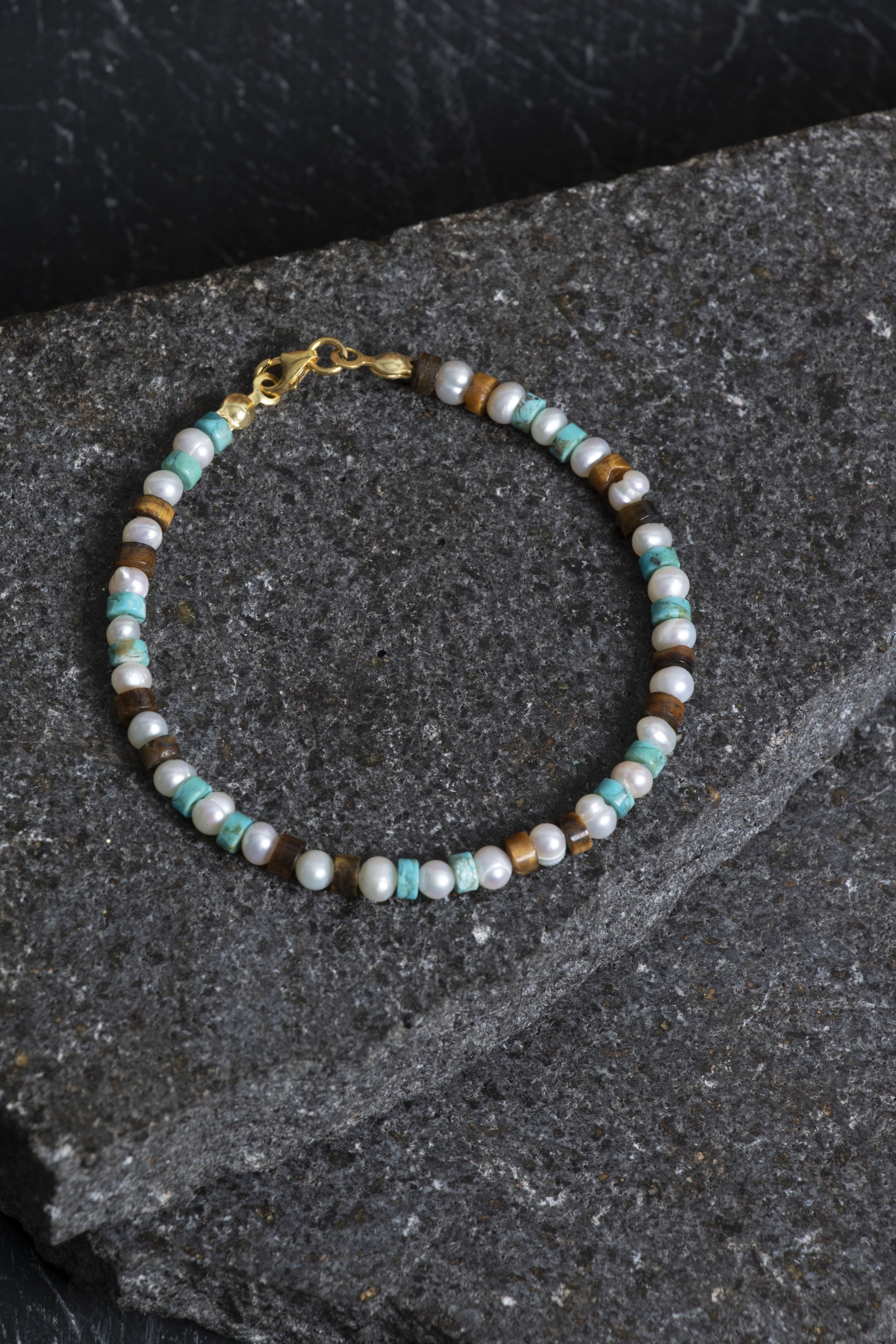 Sertifikalı İnci Kaplan Gözü Turkuaz Gümüş Kapama Doğal Taş Bileklik