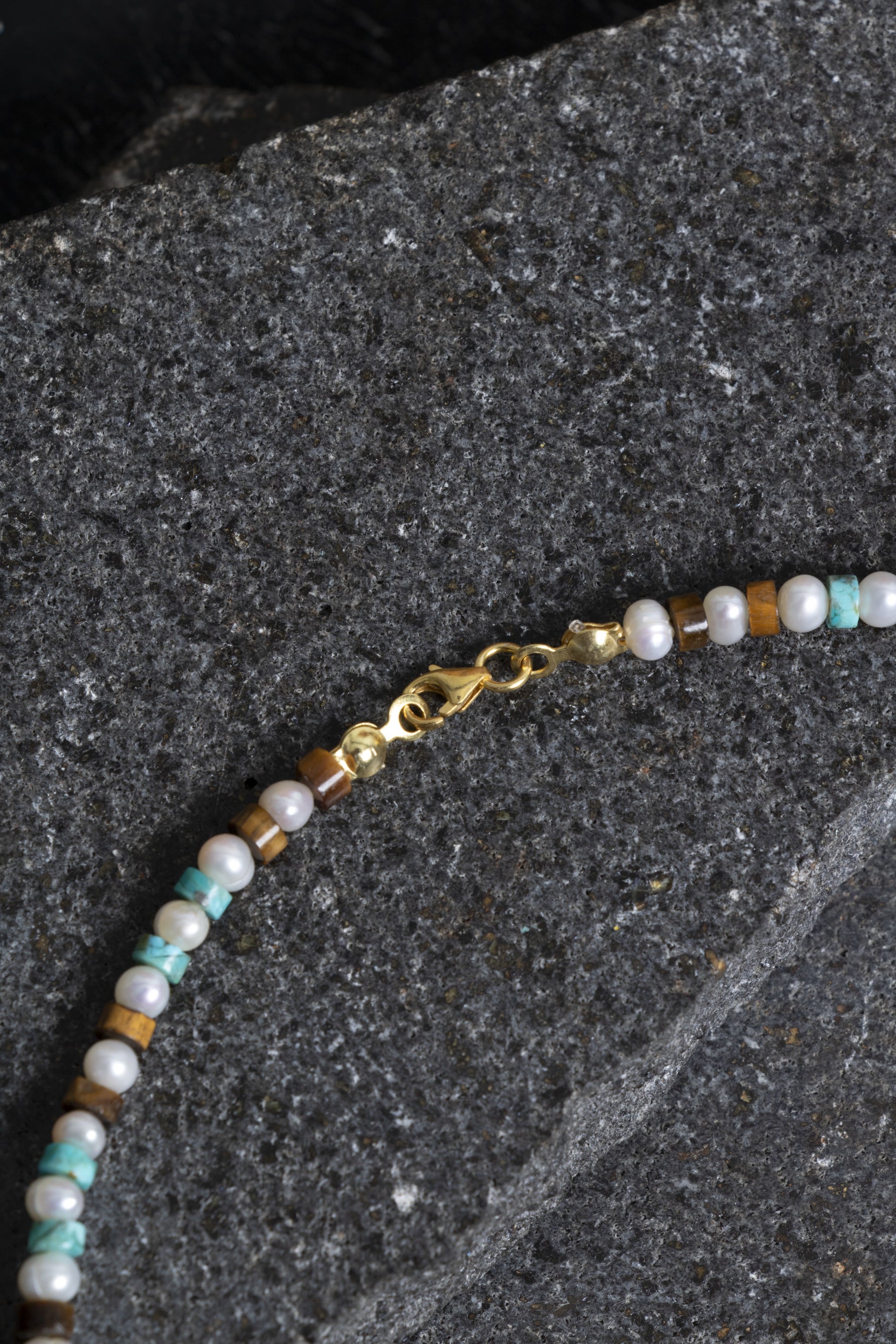 Sertifikalı İnci Kaplan Gözü Turkuaz Gümüş Kapama Doğal Taş Kolye