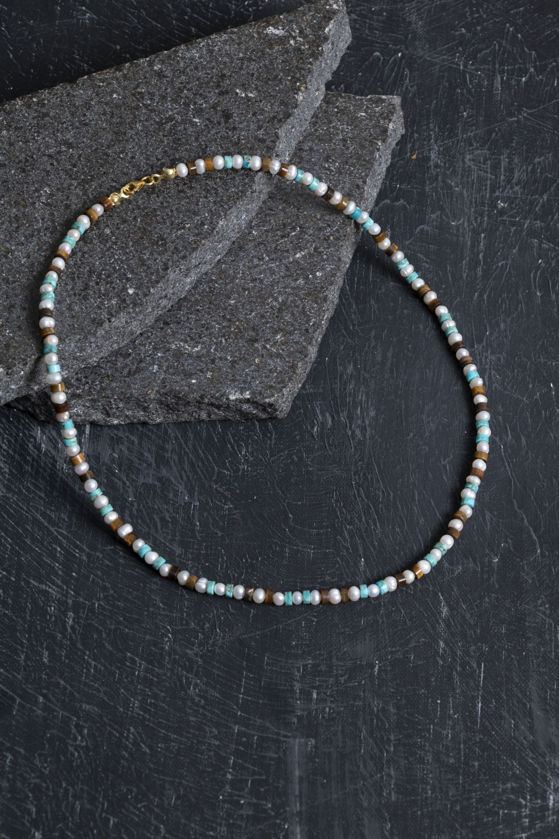 Sertifikalı İnci Kaplan Gözü Turkuaz Gümüş Kapama Doğal Taş Kolye