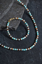 Sertifikalı İnci Kaplan Gözü Turkuaz Gümüş Kapama Doğal Taş Seti