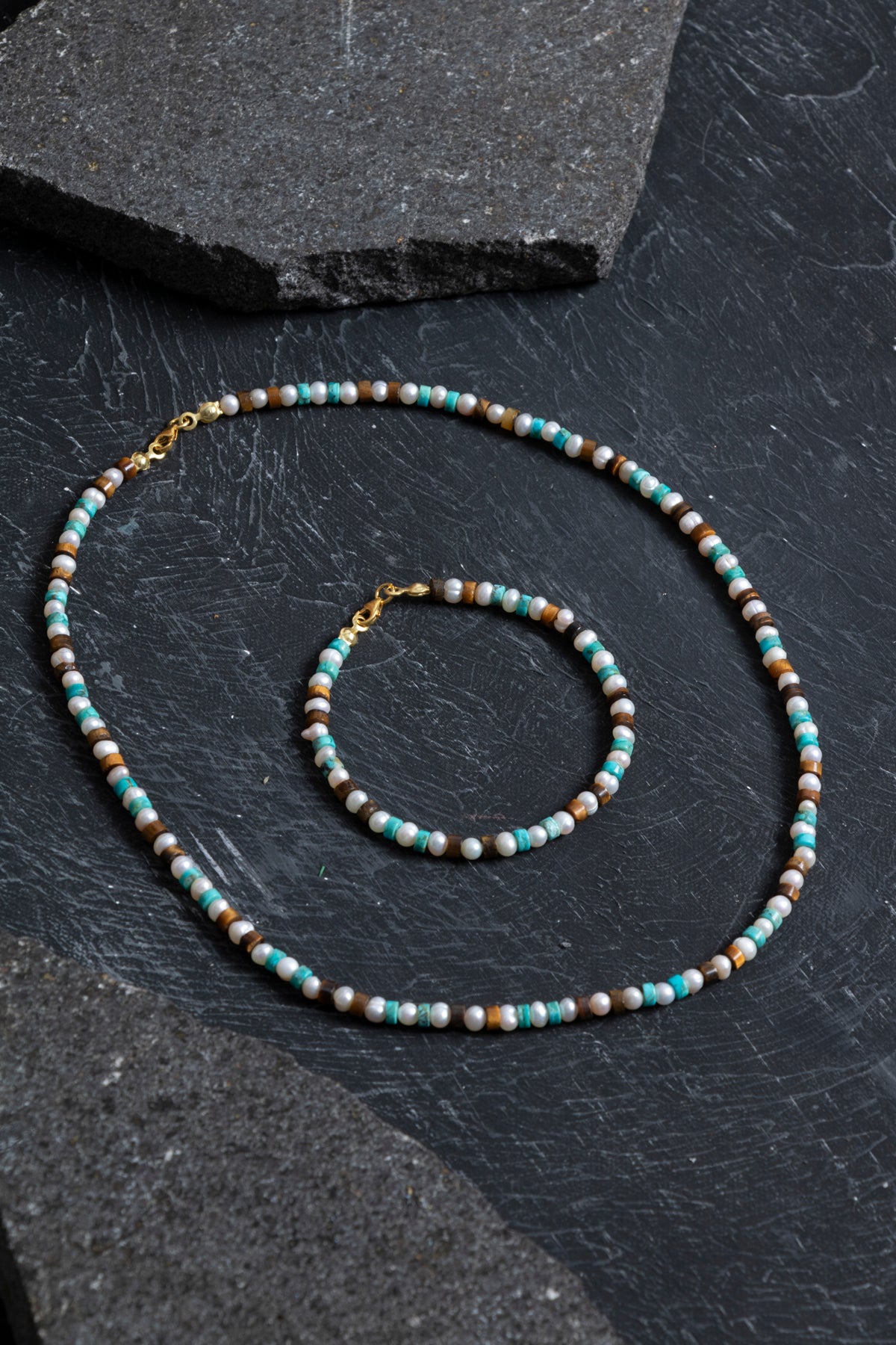 Sertifikalı İnci Kaplan Gözü Turkuaz Gümüş Kapama Doğal Taş Seti